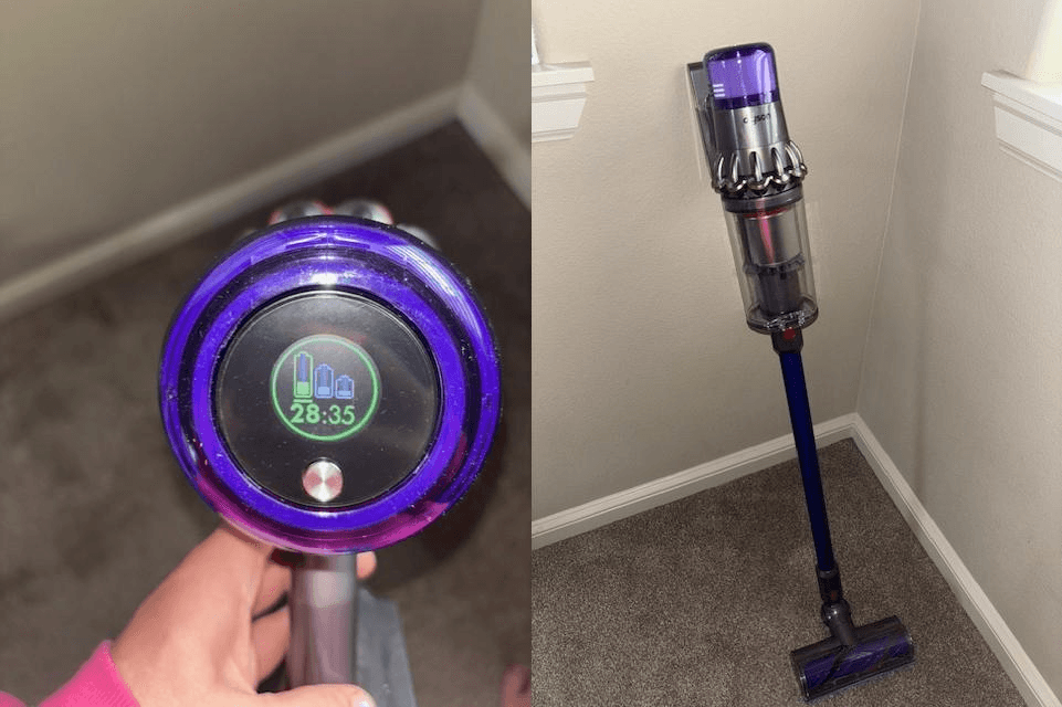 The Dyson V11 cordless vacuum leaning against a wall, and a view of its display showing battery charge.