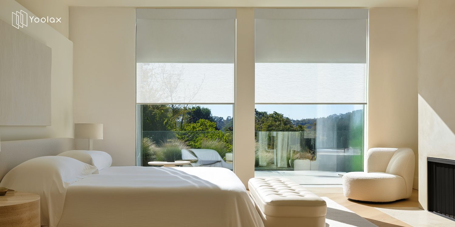modern designed bedroom with window shades