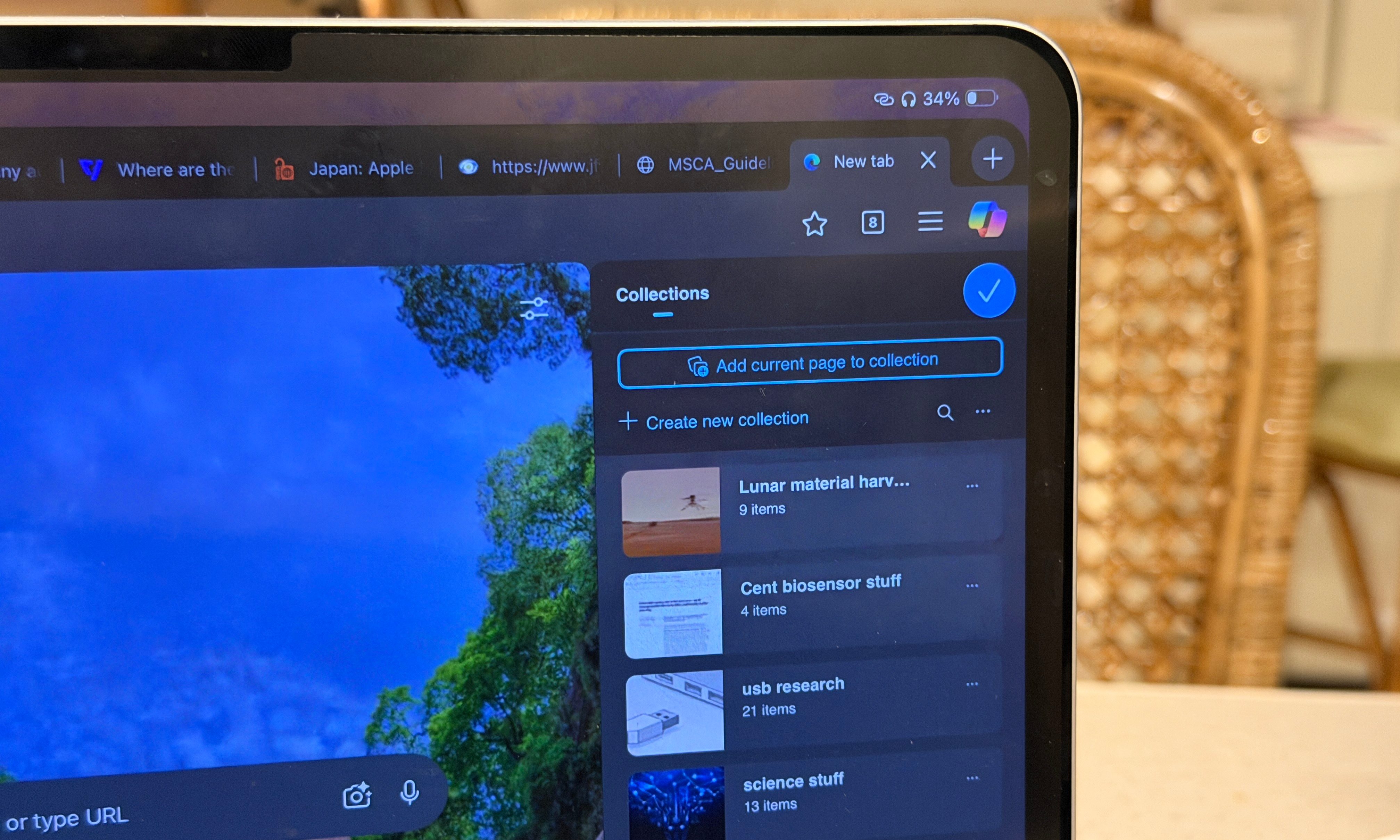 Collections in Edge browser on iPad.