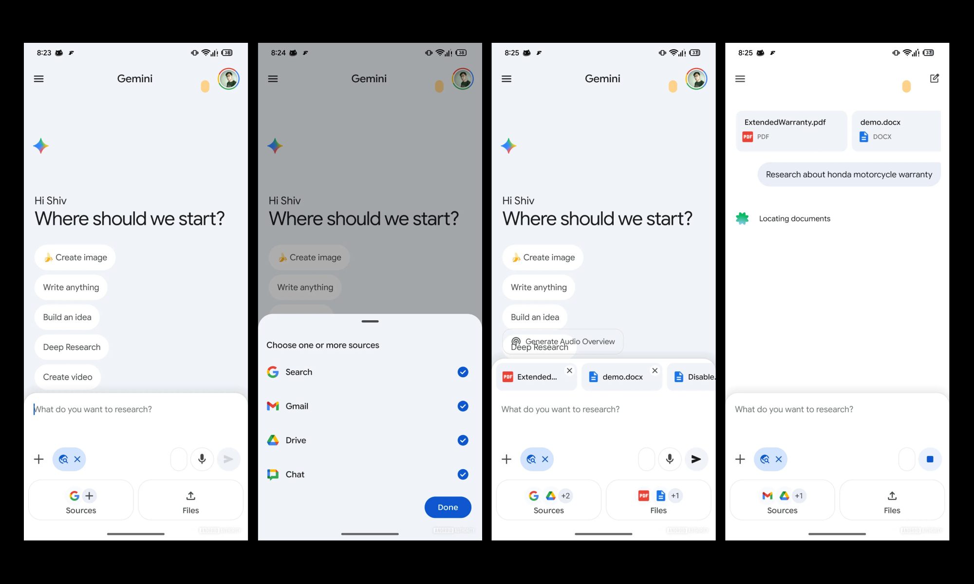 Screenshots showing the upcoming Gemini Deep Research sources feature.