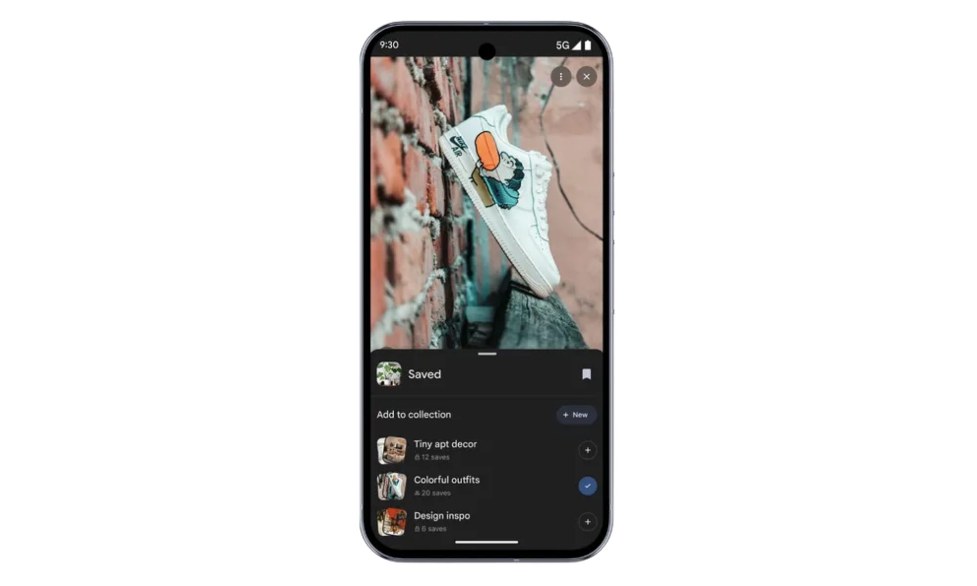 Google app images menu with options to save and organize picture.