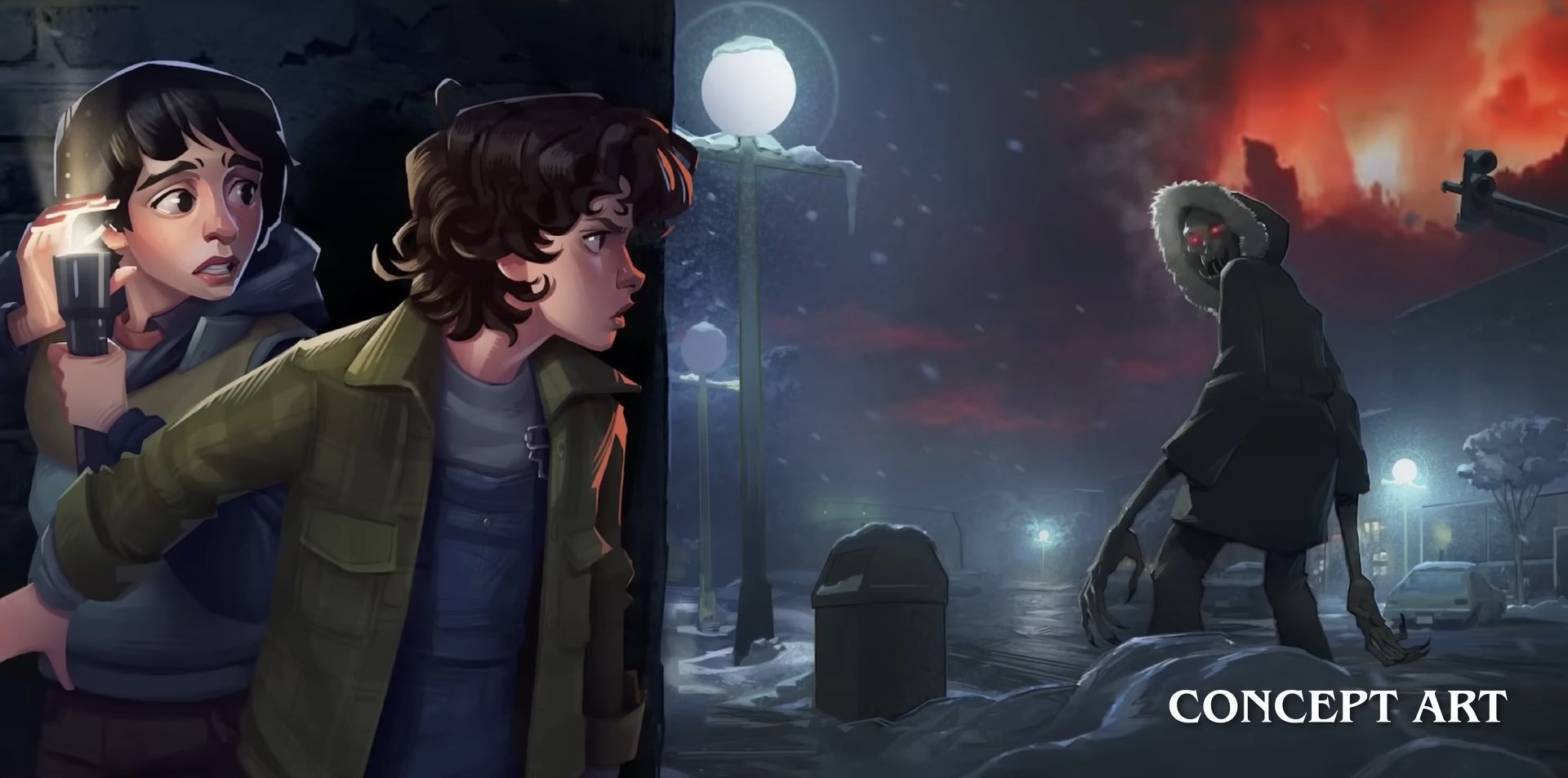 Mike and Eleven looking at a monster in secret in concept art for Stranger Things Tales From '85.