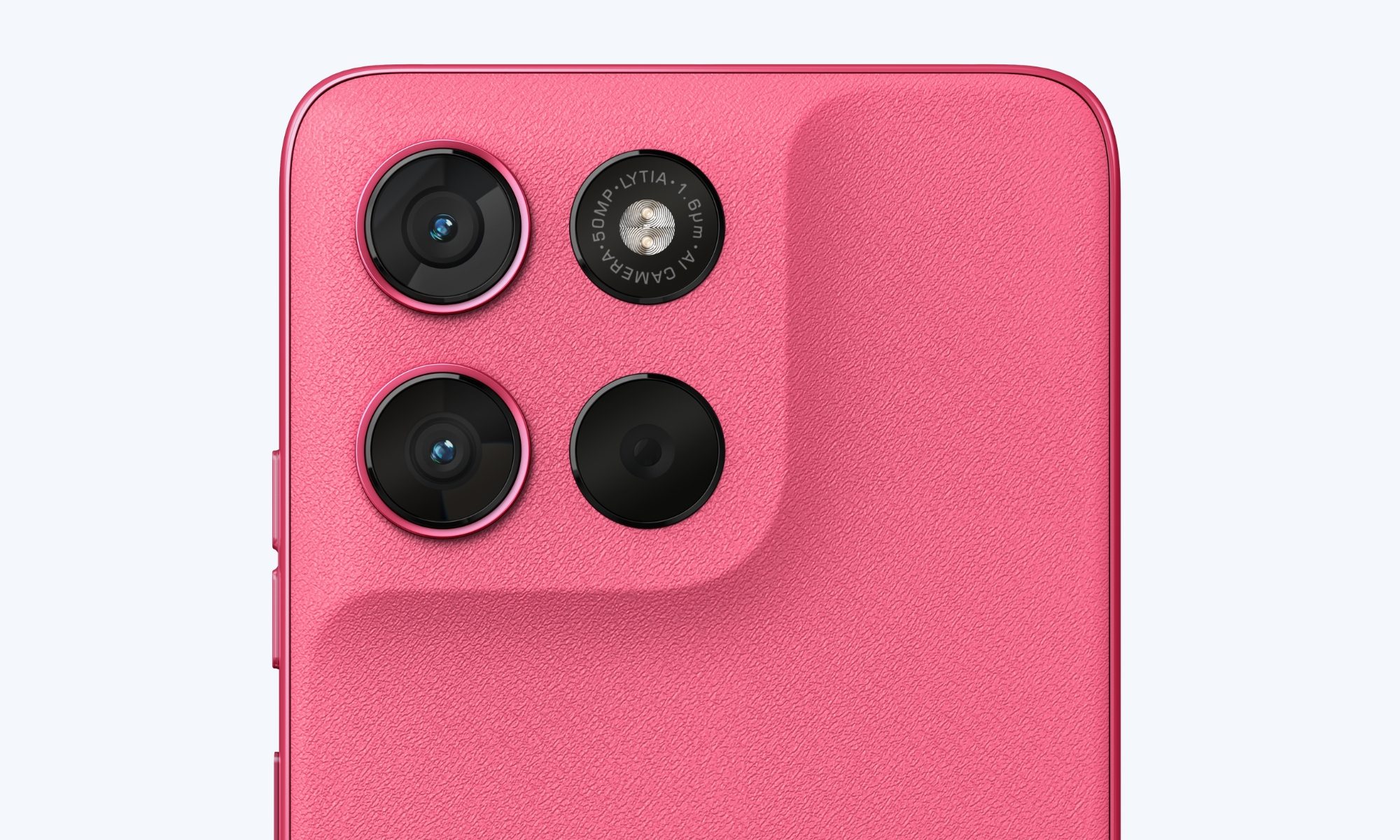 Moto G57 Power camera module in pink color.