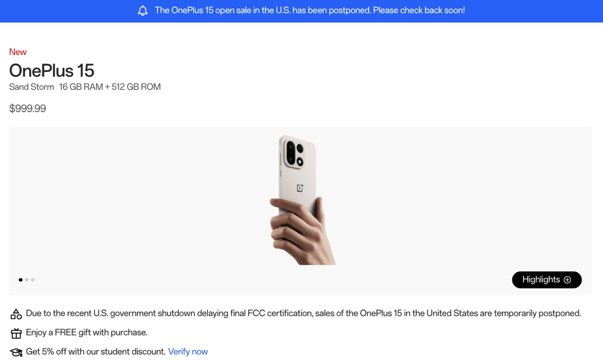 OnePlus 15's product page screenshot indicating that the product has been delayed.