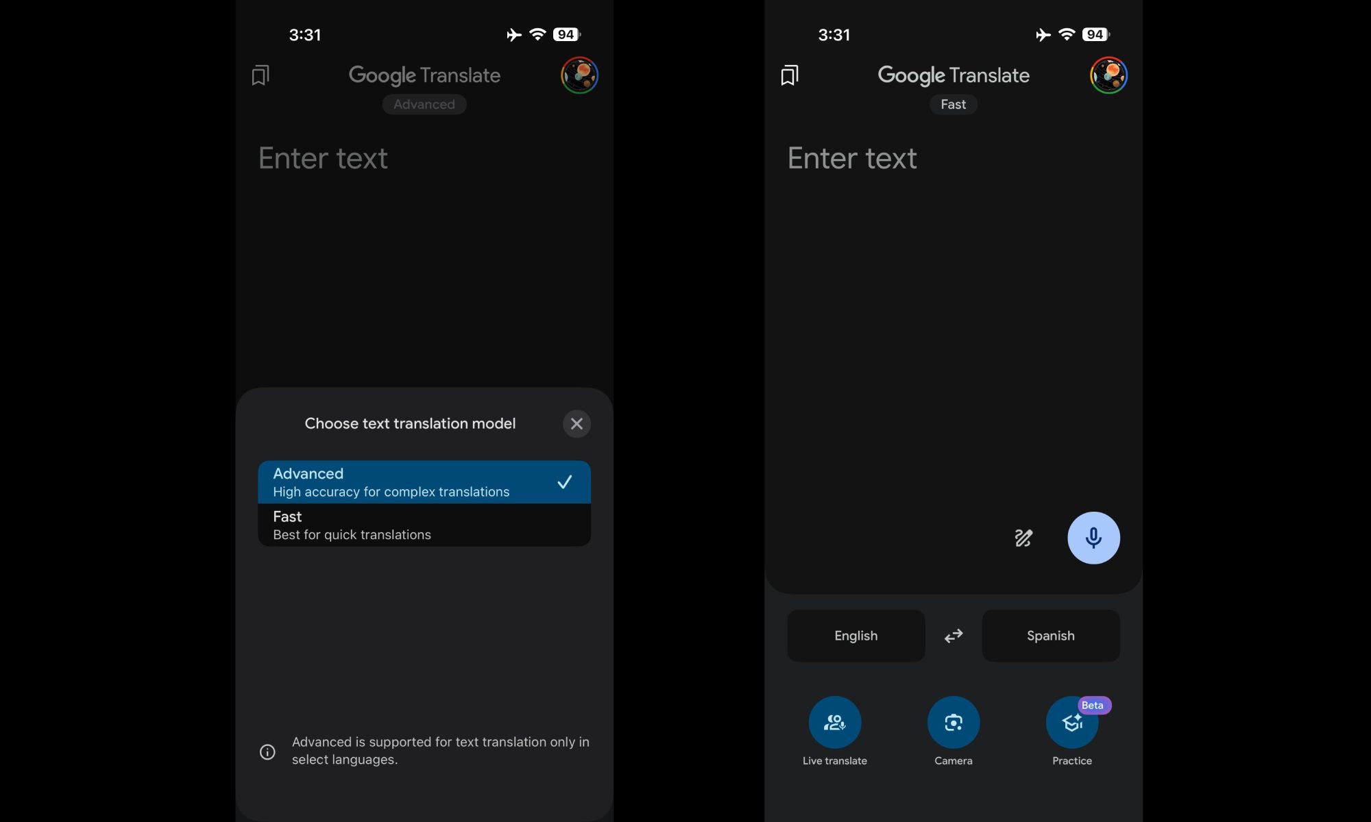 Screenshots showing the new model picker in the Google Translate app for iOS.