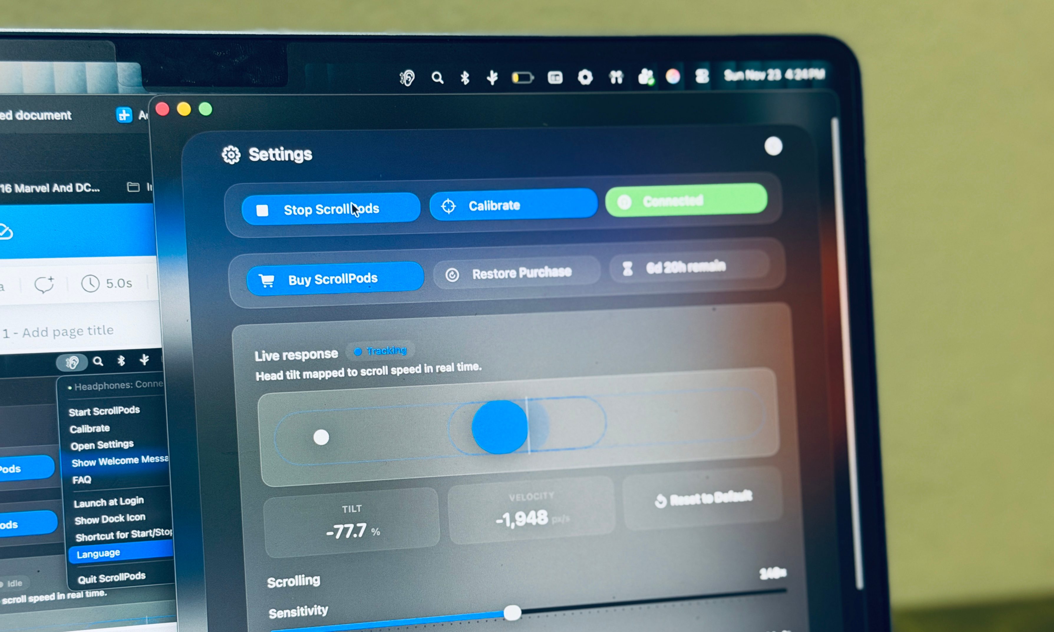 ScrollPods app settings on a Mac.