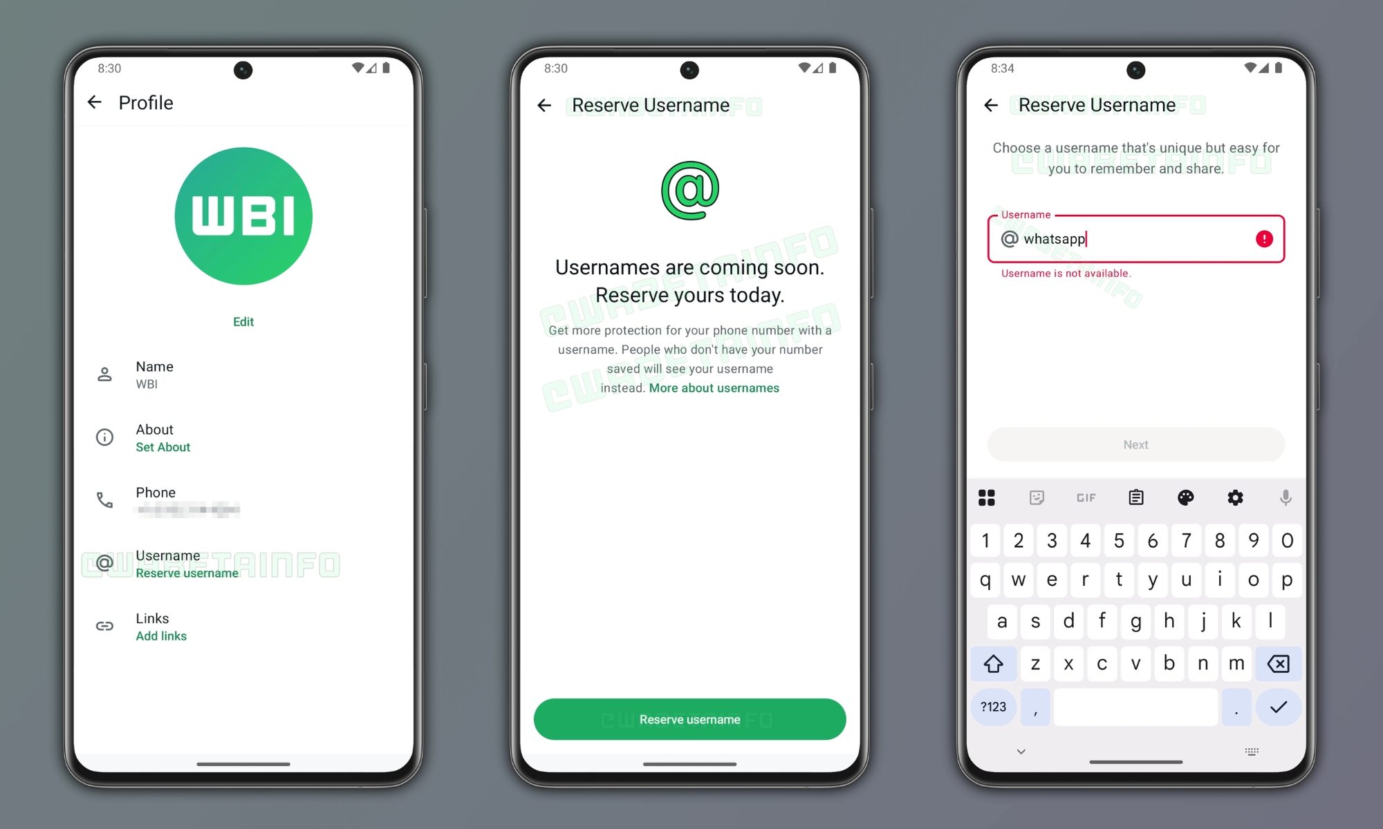 Screenshots of the WhatsApp username reservation process.