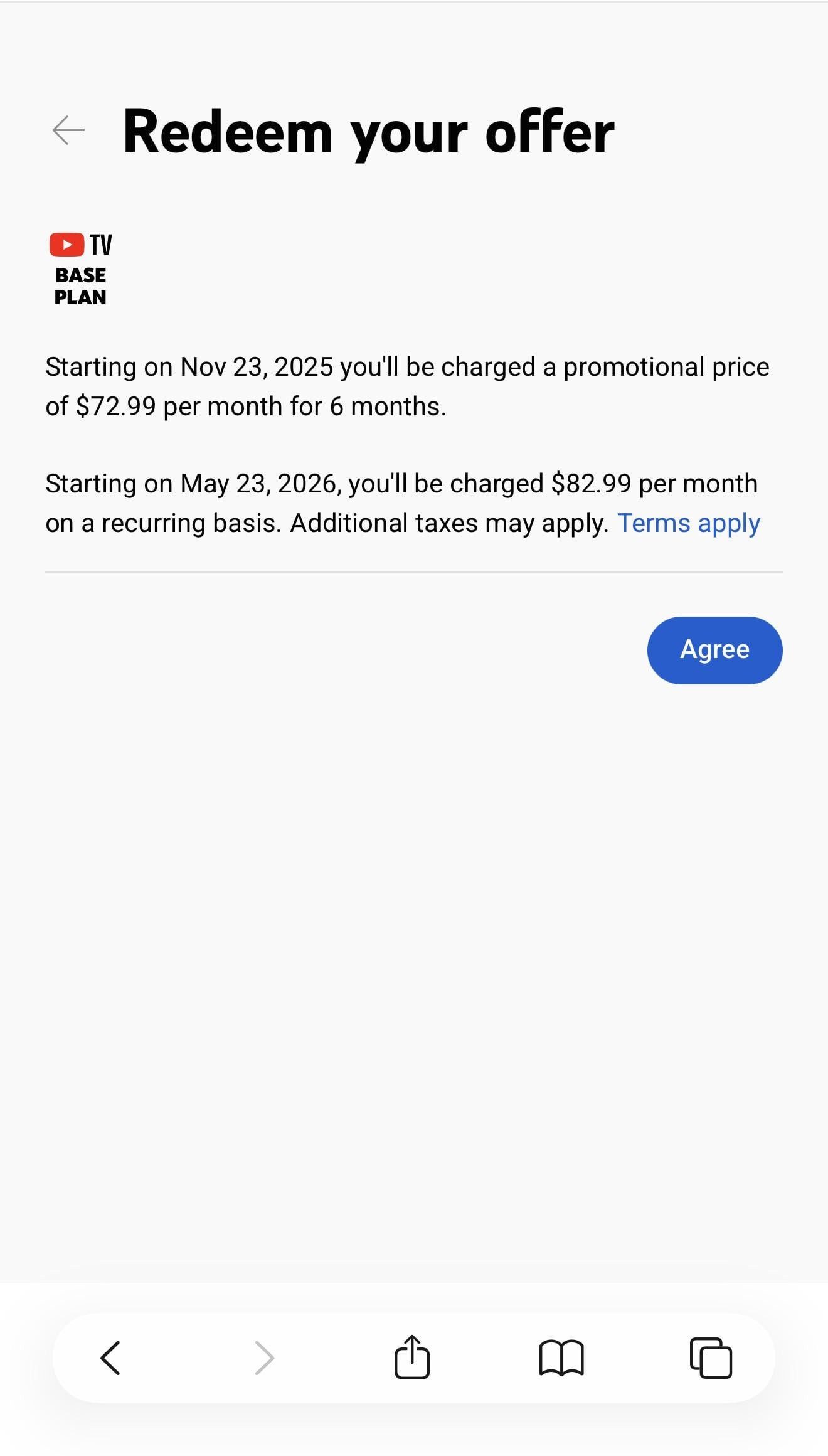 Screenshot showing the credit offer in the Redeem your offer section in YouTube TV on the web.