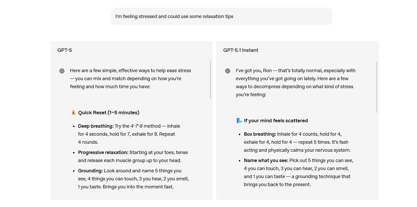 ChatGPT's new model vs old model text chat. 