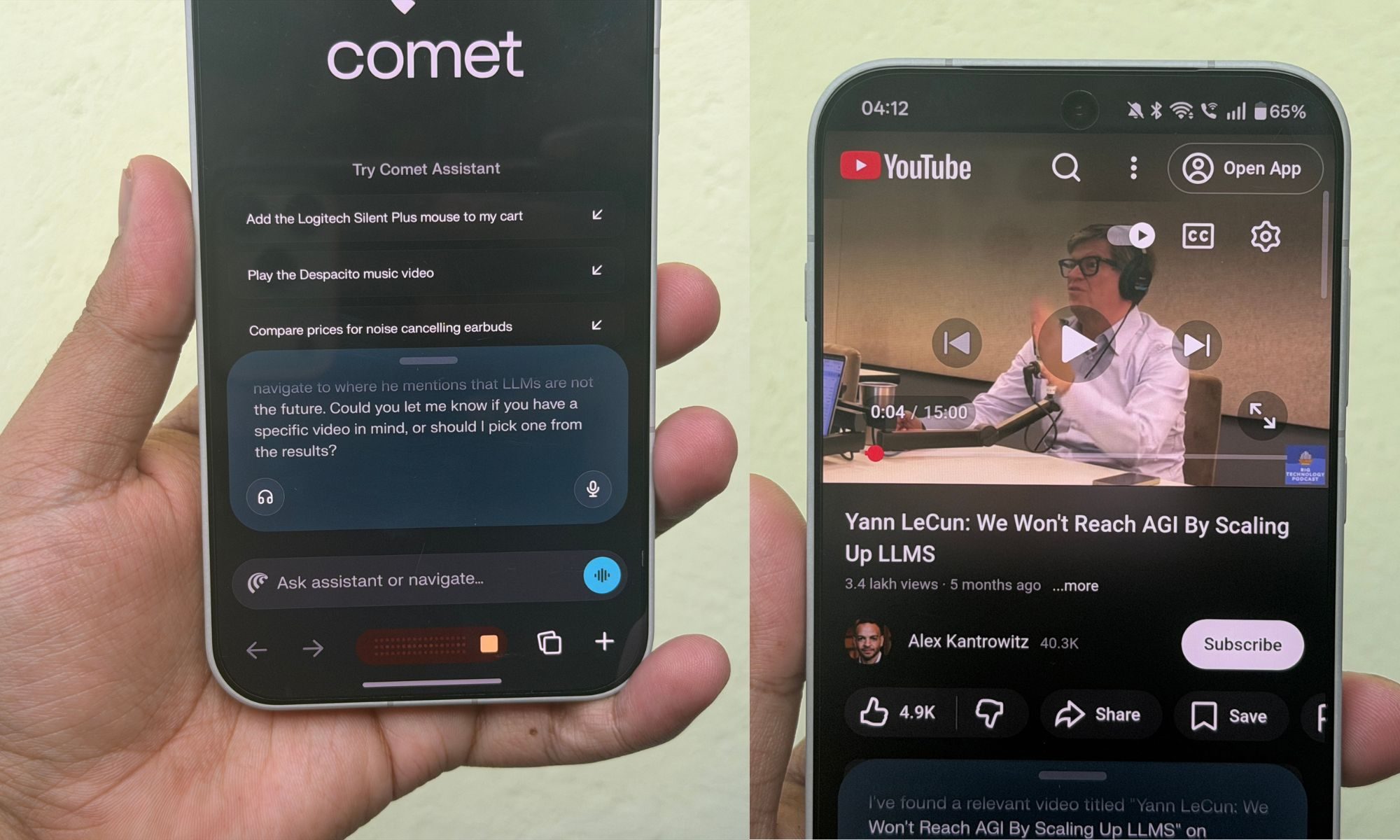 Perplexity Comet browser on Android finding videos on YouTube.