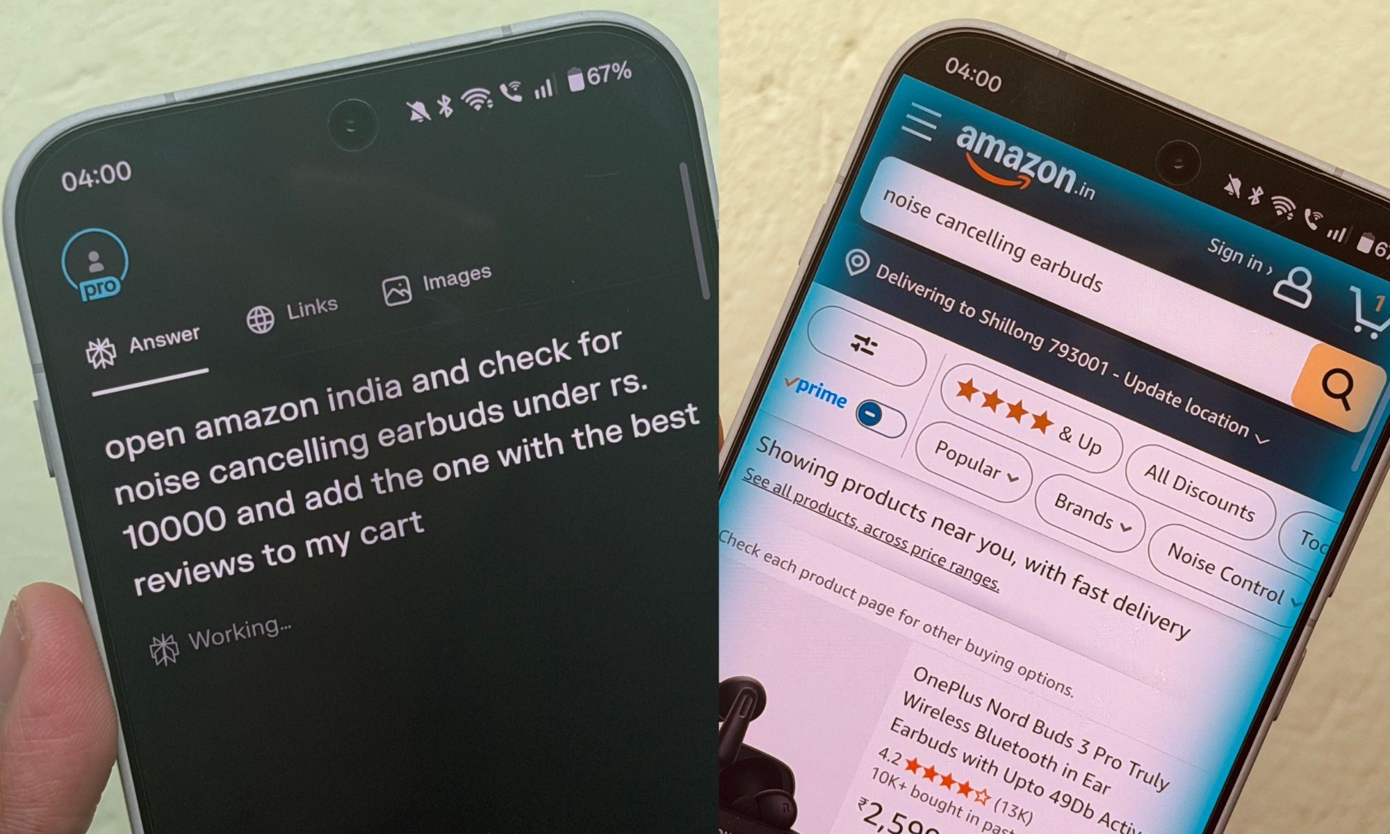 Shopping on Amazon with Perplexity Comet browser on an Android phone.