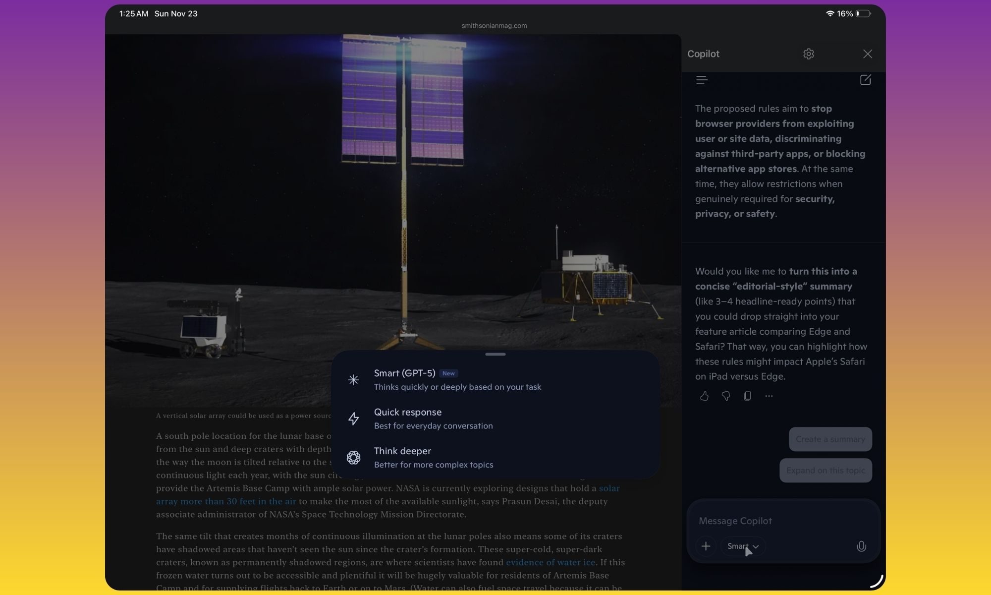 Copilot AI tools with Edge browser on iPad.