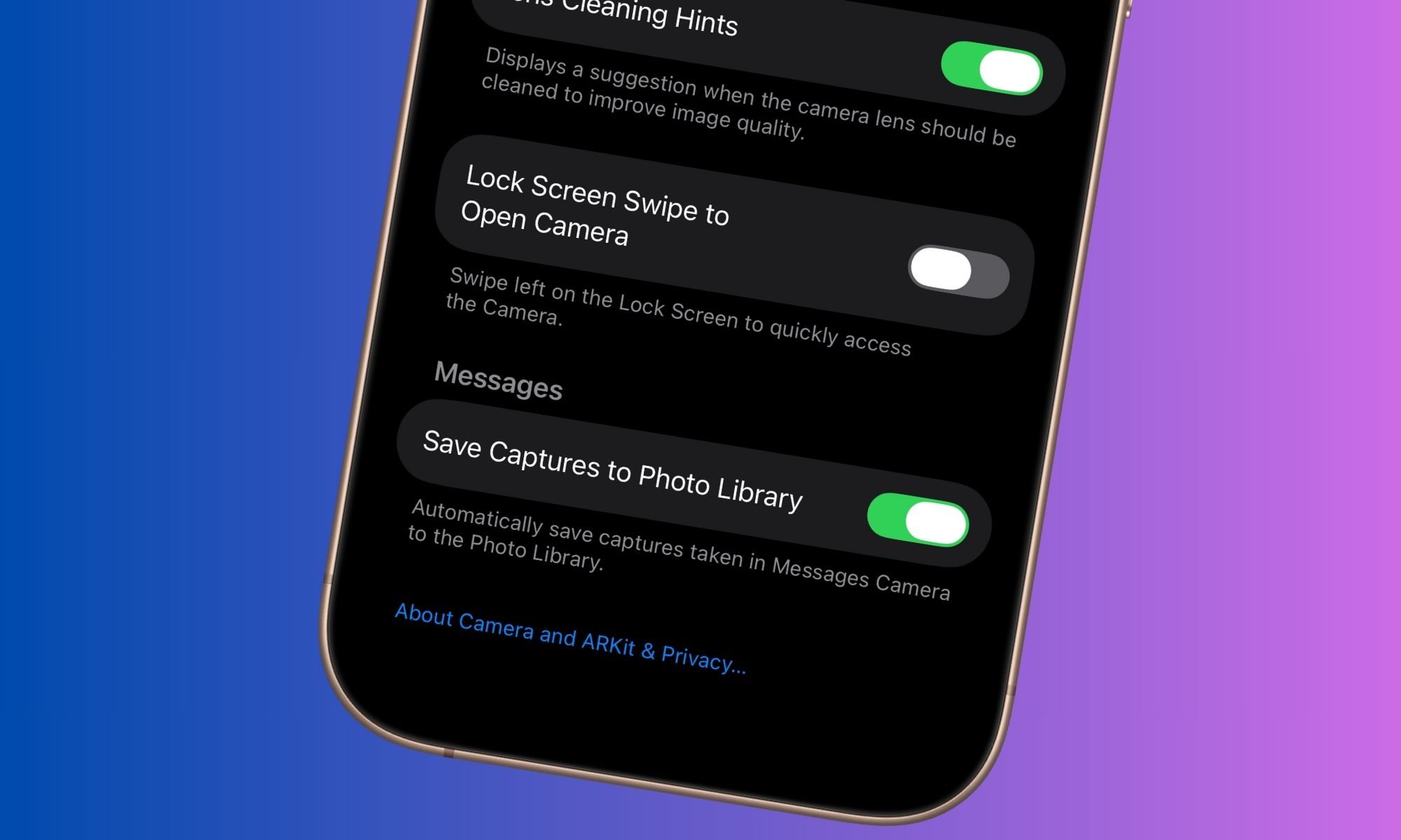 Lock screen camera toggle after iOS 26.1 update.