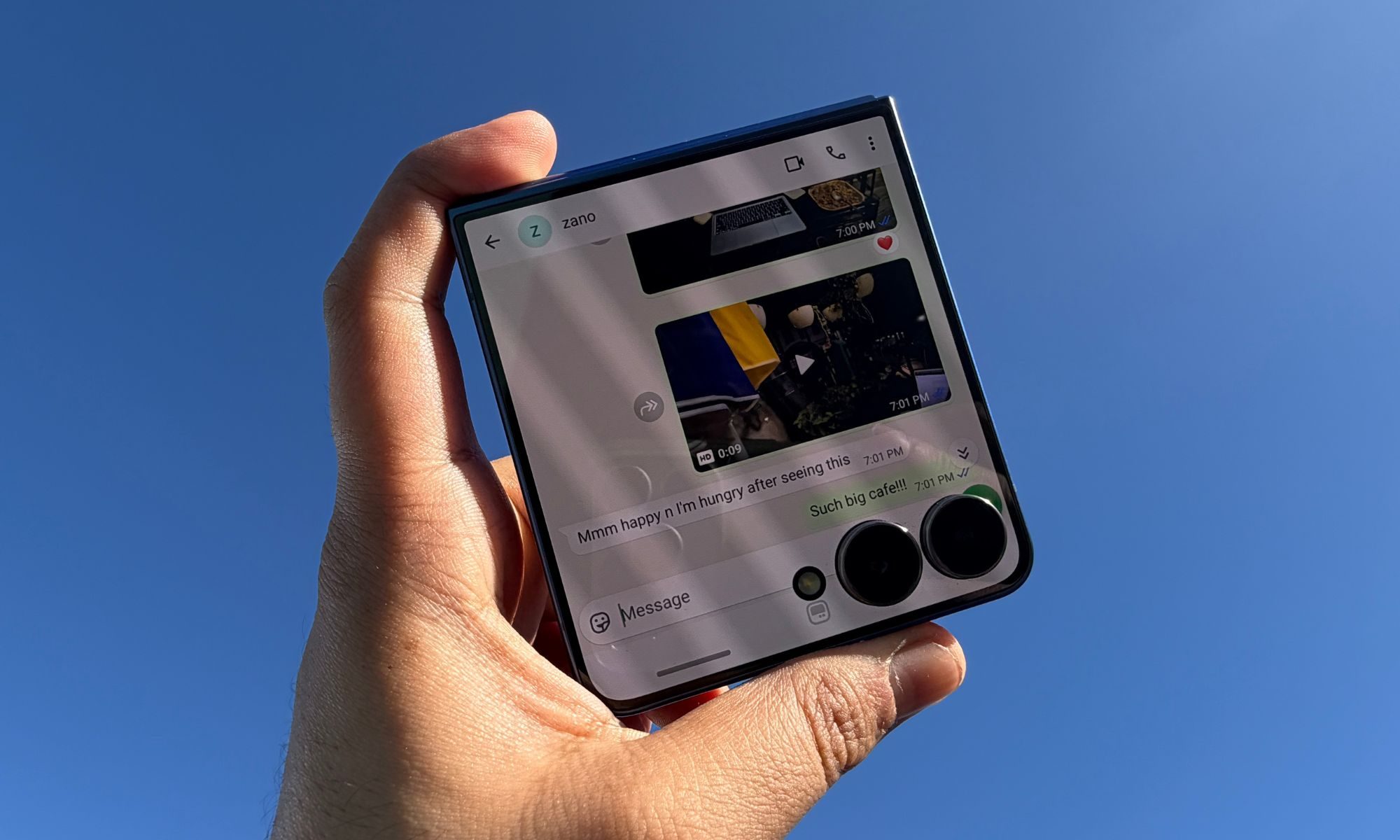 WhatsApp texting on the cover screen of Samsung Galaxy Z Flip 7.
