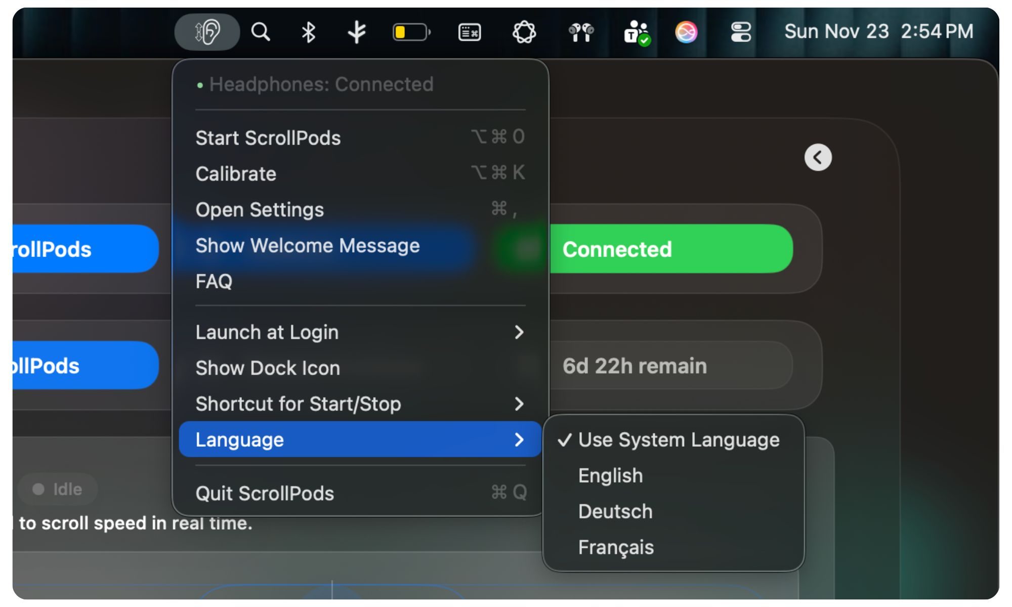 ScrollPods app settings on Mac.