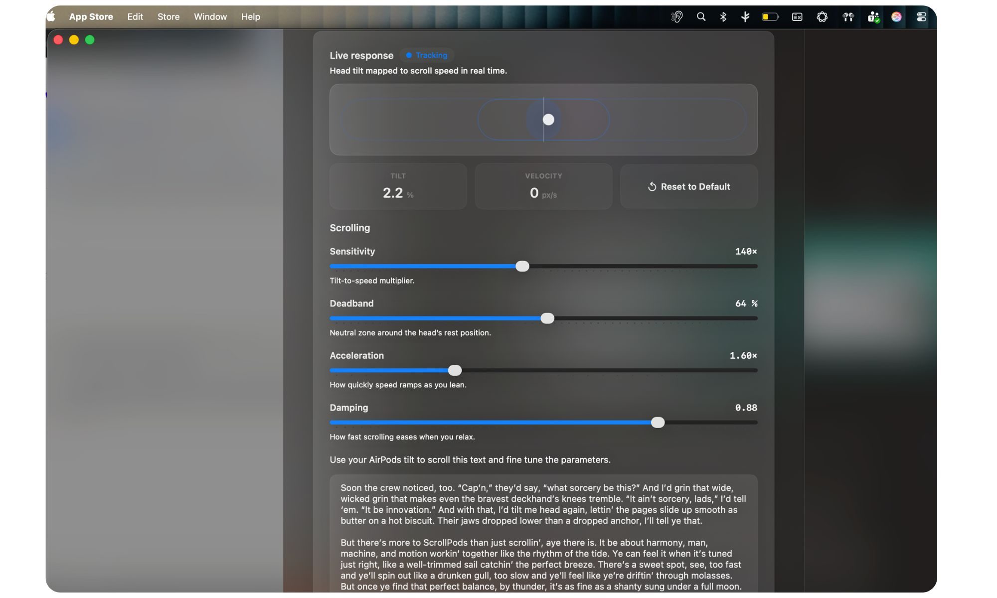 Settings within the ScrollPods app.