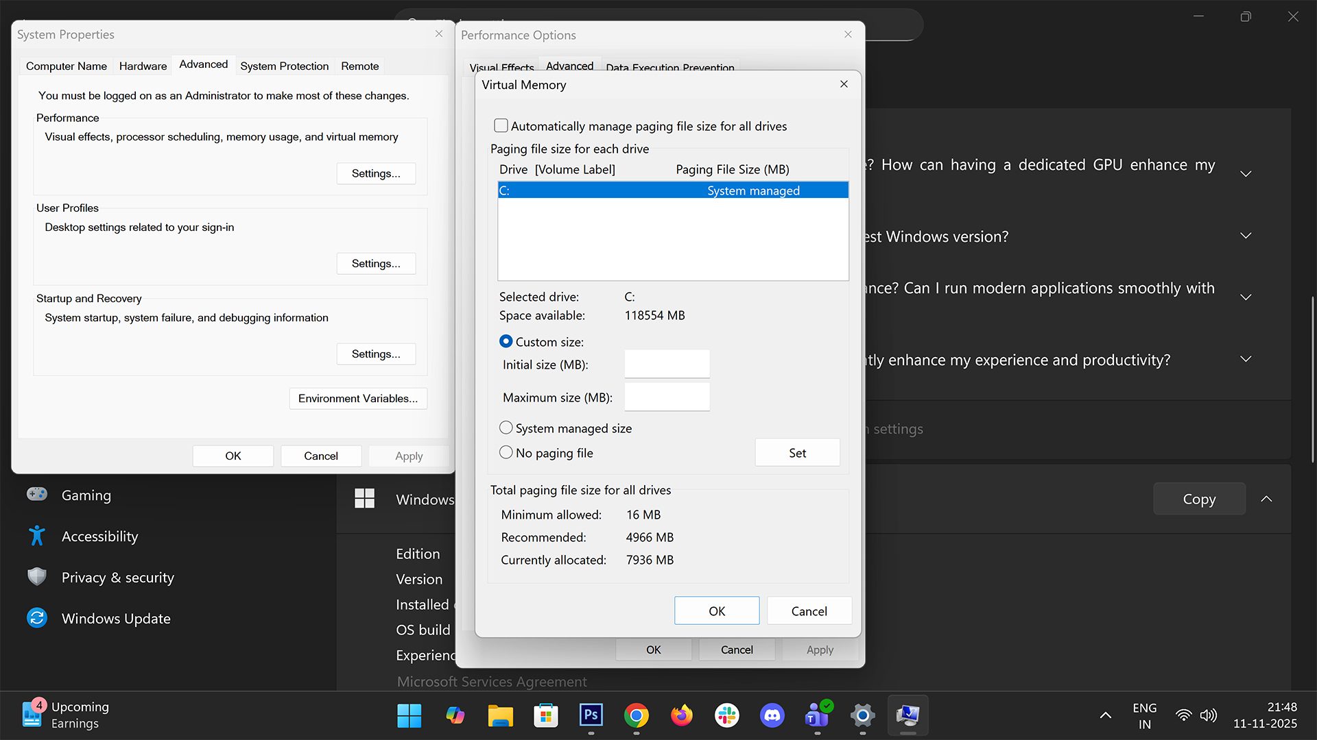 Virtual memory settings on Windows 11