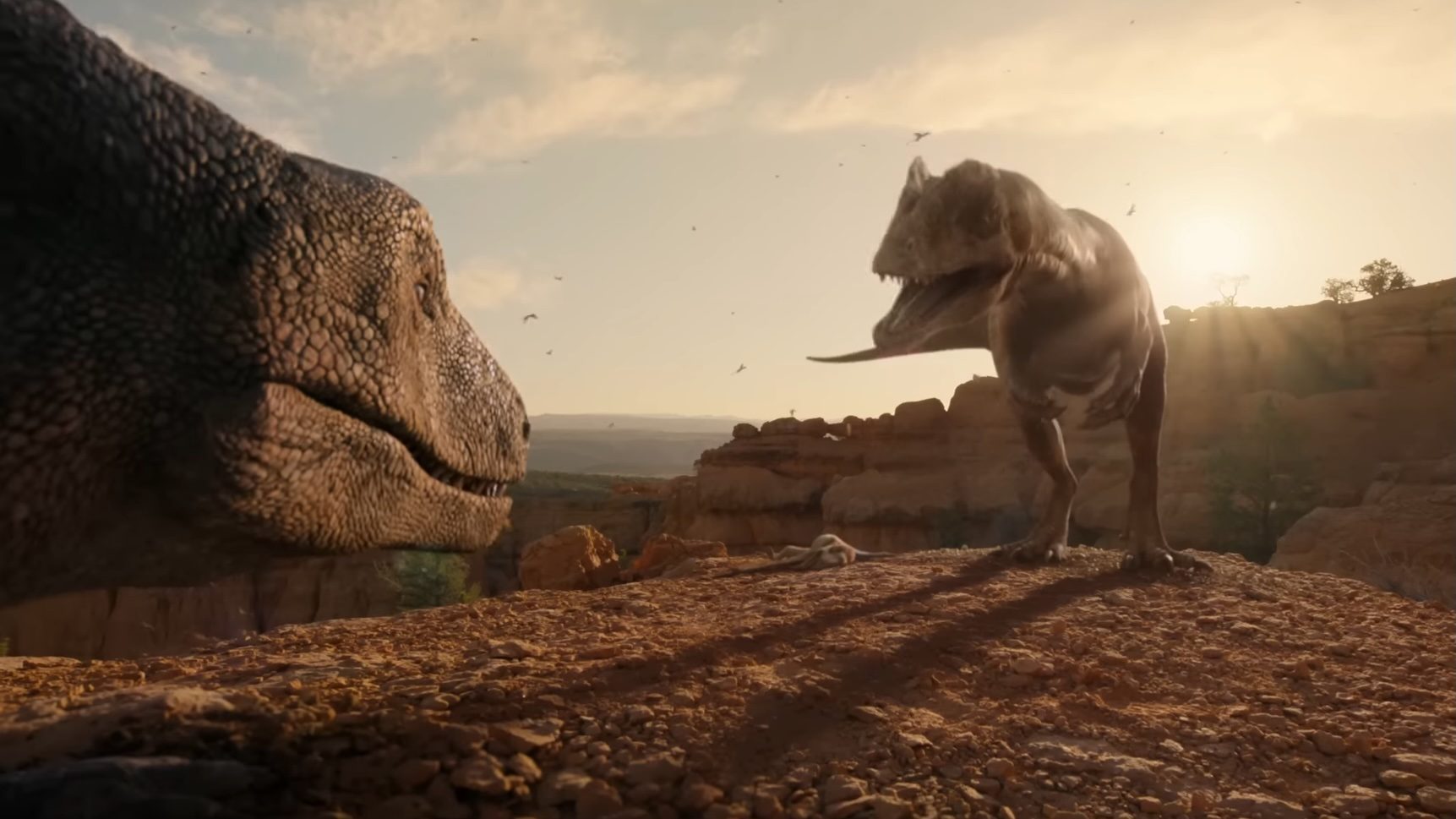 Two dinosaurs facing each other in the Netflix documentary series, The Dinosaurs.