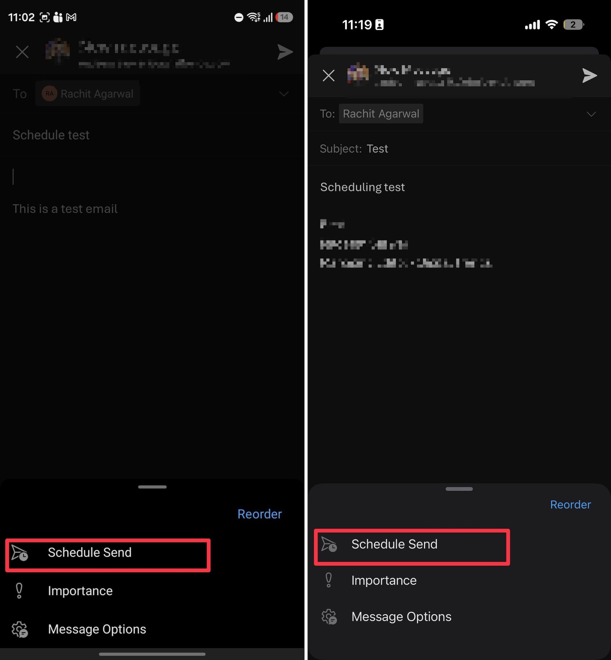 3 dot menu options in Outlook mobile app
