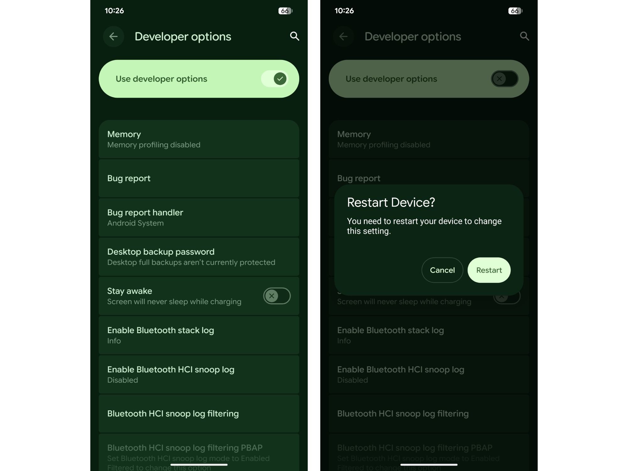 Android 16 Developer options screenshots.
