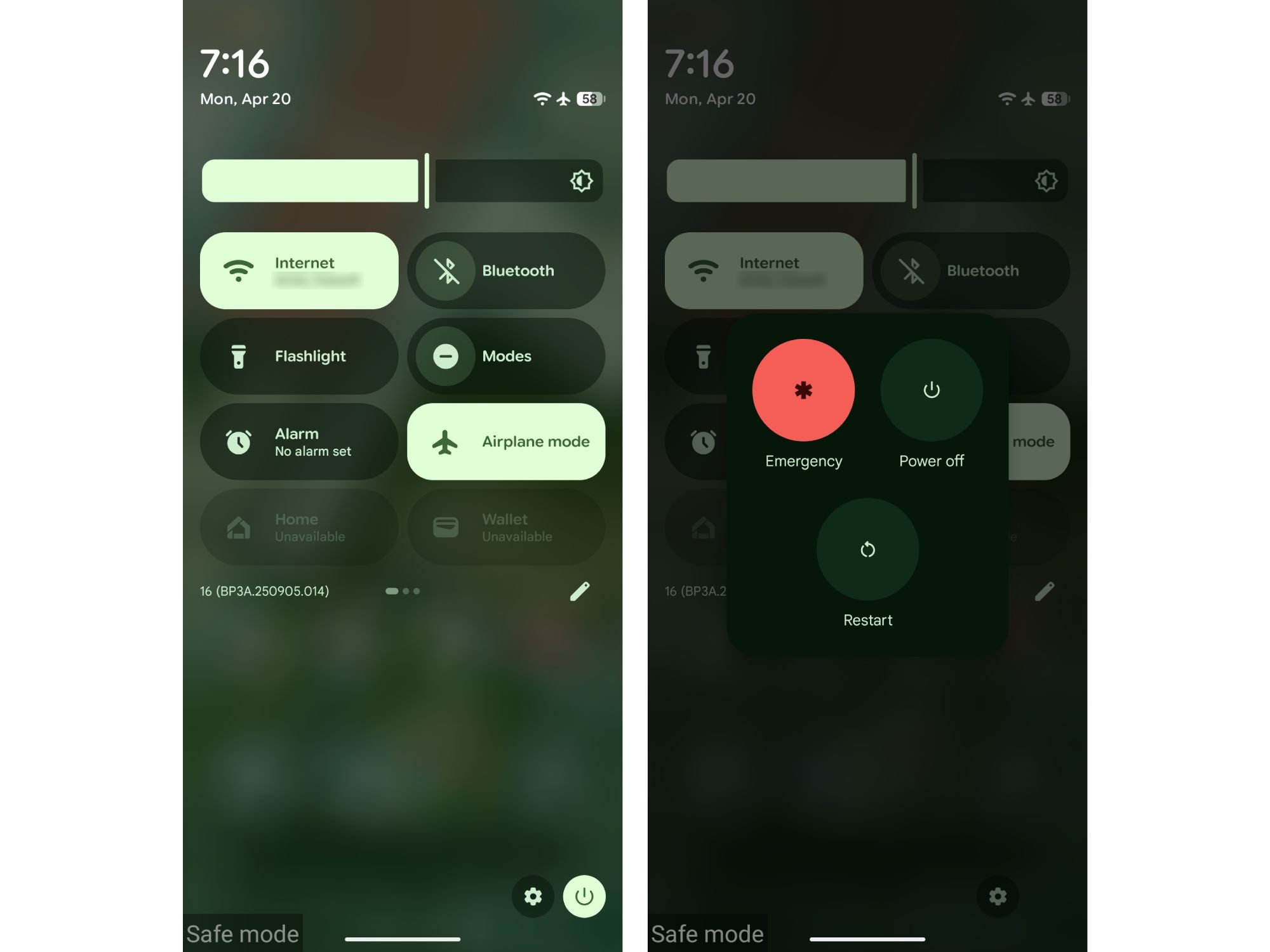 Android 16 screenshots showing quick settings panel in safe mode and power menu with restart button.