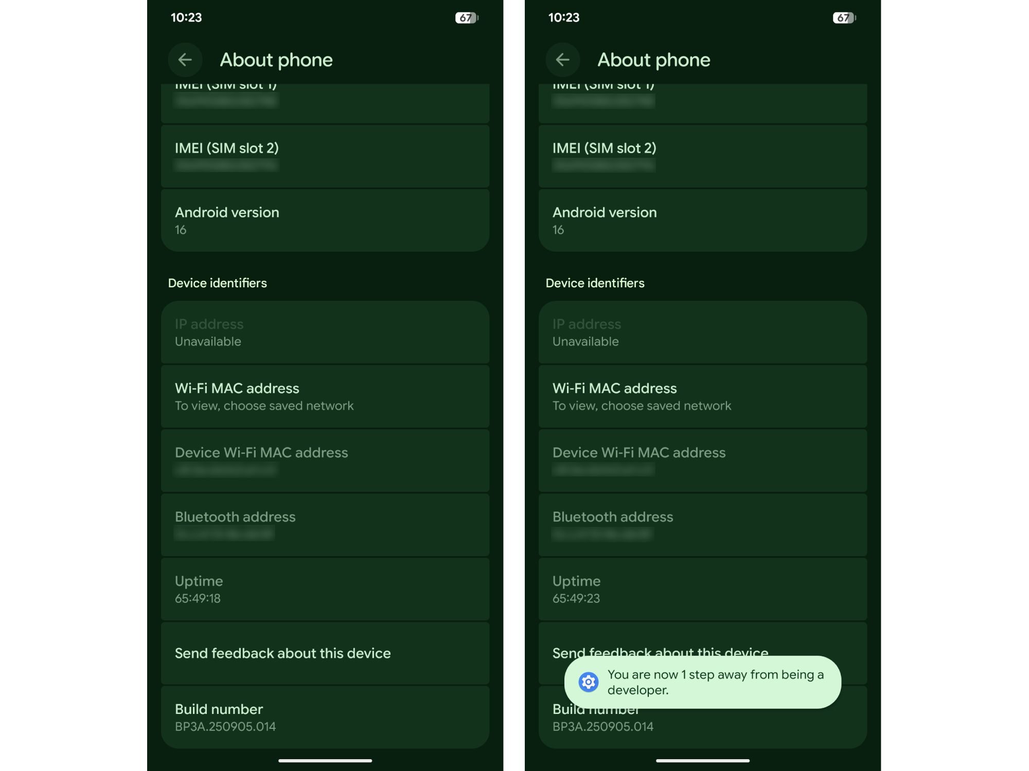Android 16 settings menu screenshots showing About phone section and Developer options toast.