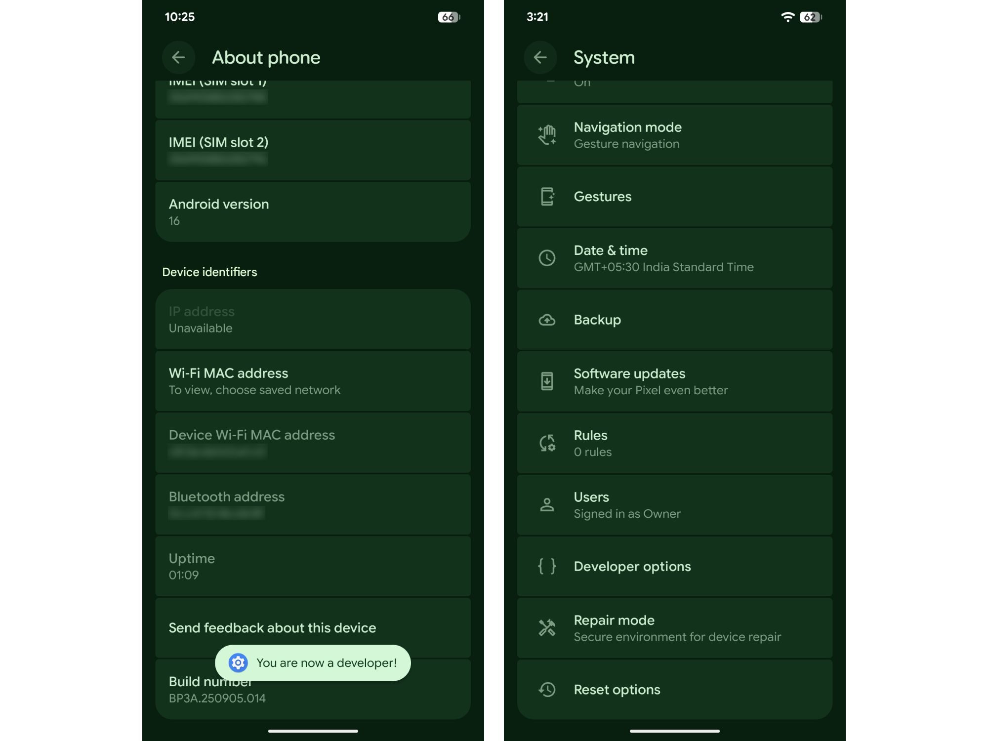 Android 16 settings screenshot showing Developer options toast and System menu.