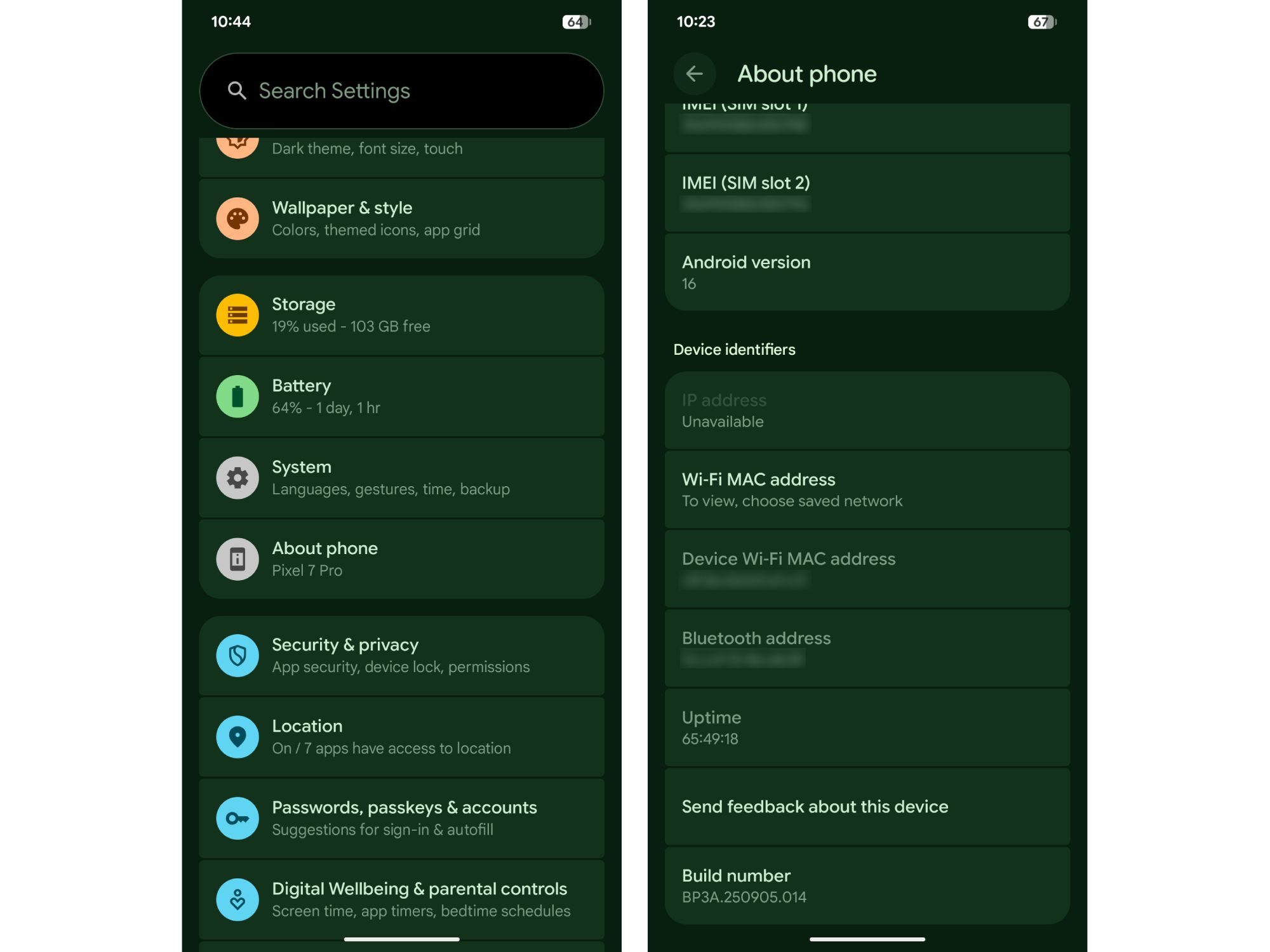 Android 16 settings screenshot showing about phone section.