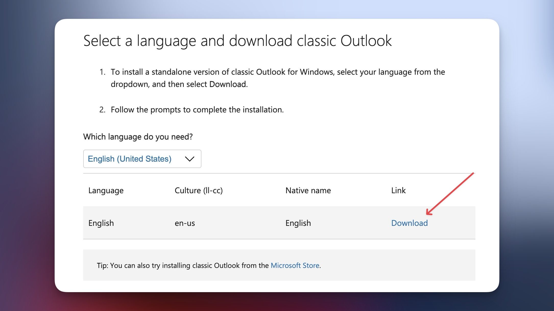 Classic Outlook download page screenshot