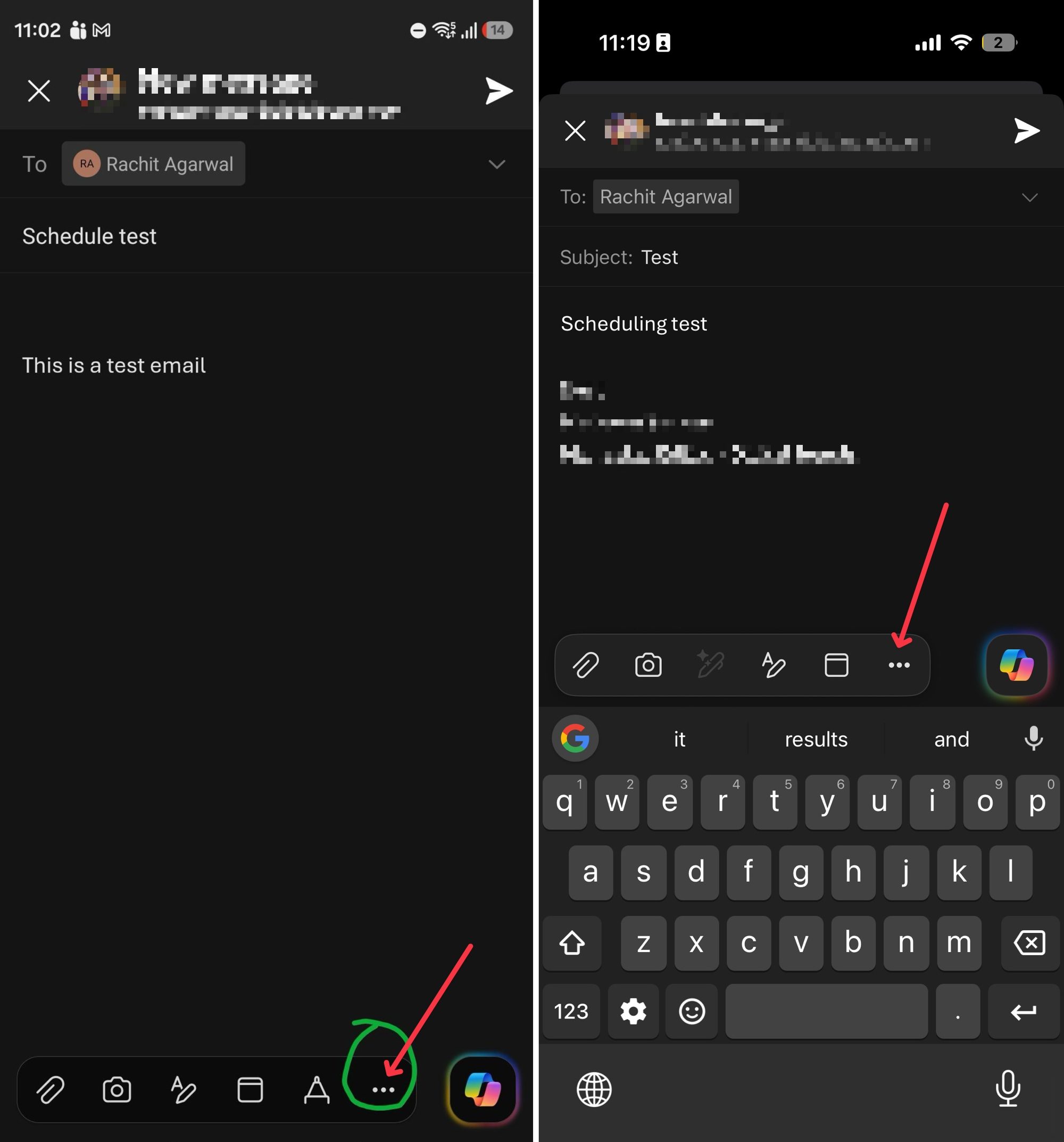 Opening 3 dot menu in Outlook mobile app