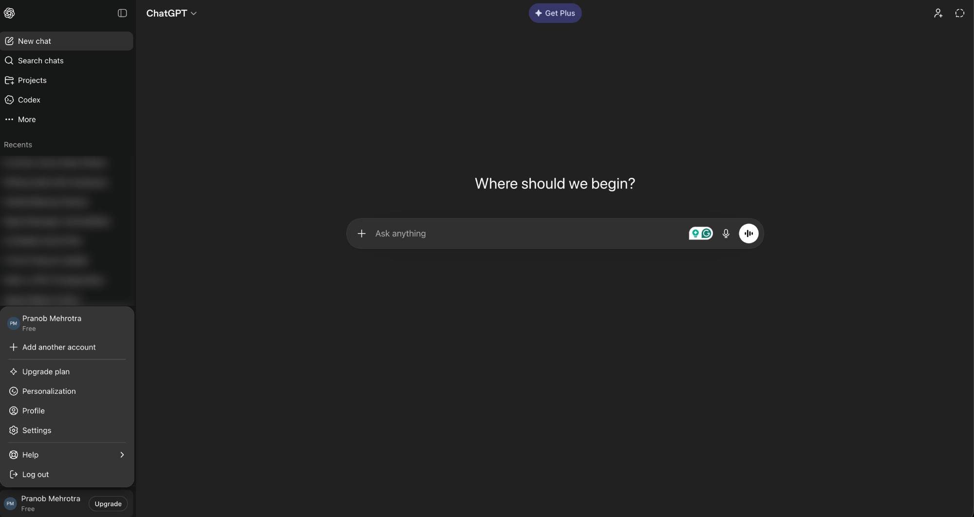 Screenshot of ChatGPT home screen with pop-up menu.
