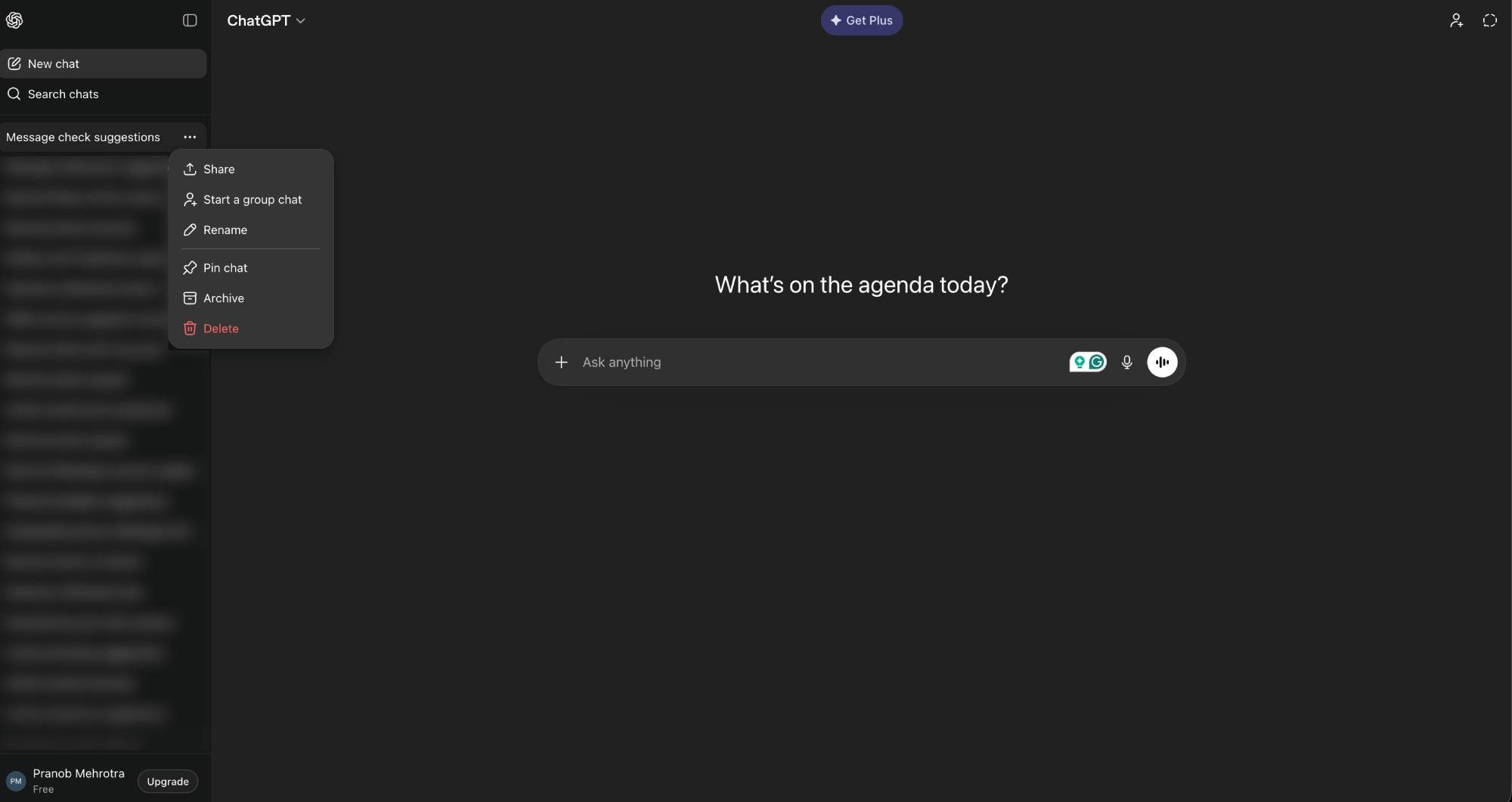 Screenshot of ChatGPT homepage on desktop showing context menu for a chat.