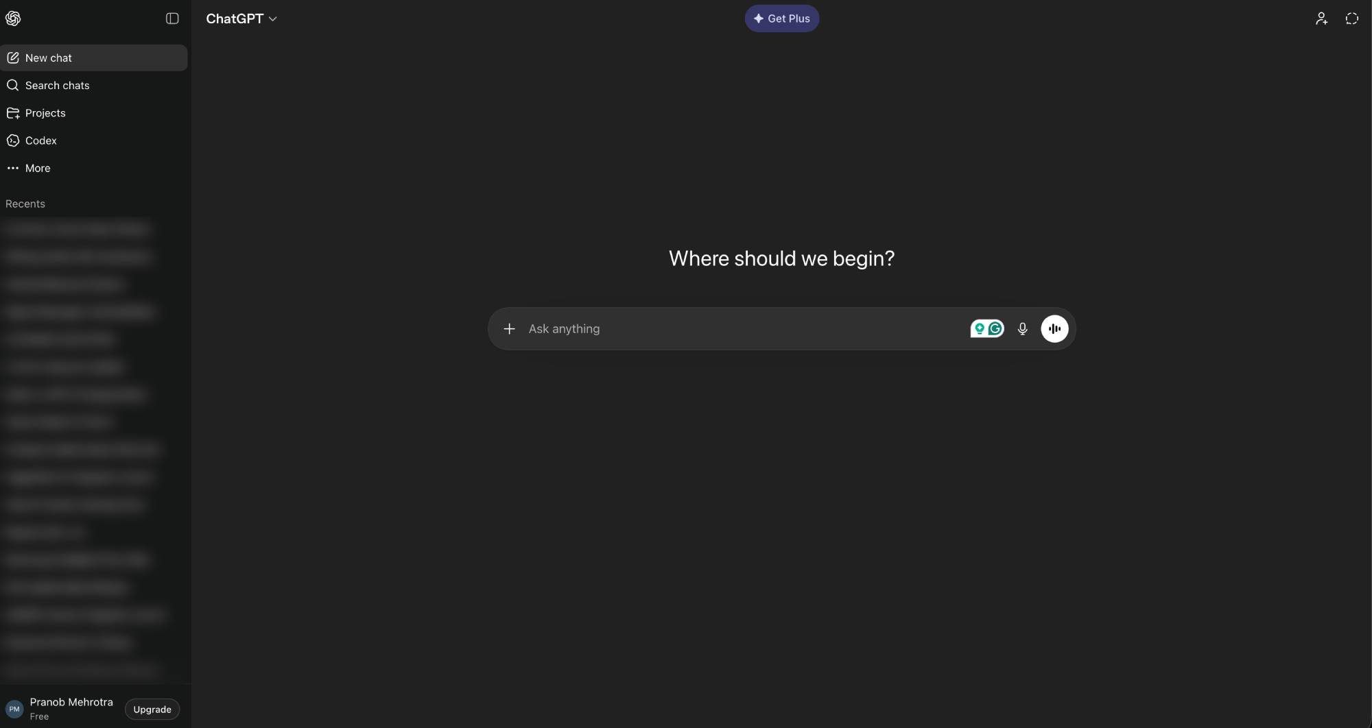 Screenshot of ChatGPT homescreen on desktop.