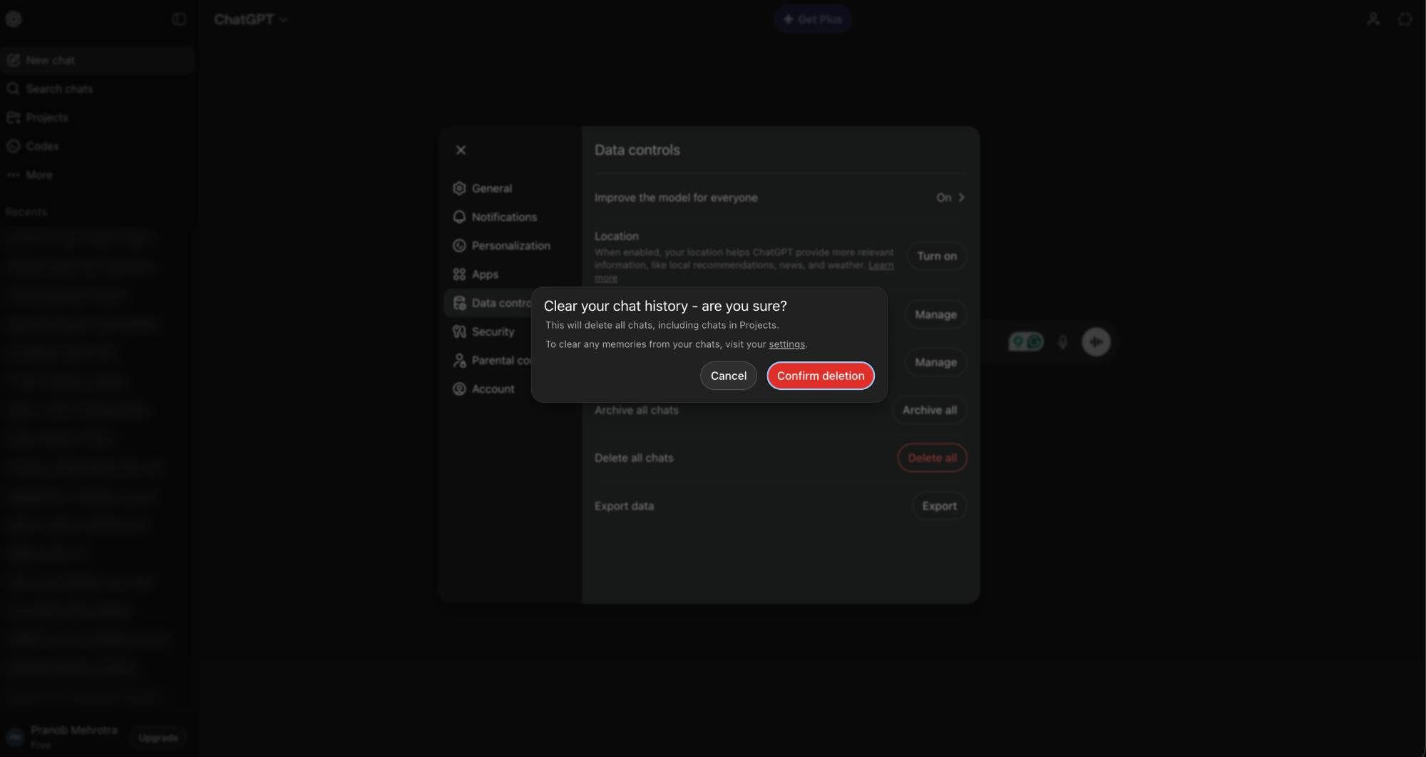 Screenshot of ChatGPT's confirmation dialog to delete all chats on desktop.