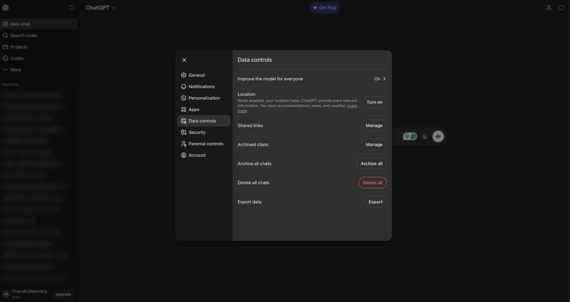 Screenshot of ChatGPT's data controls settings on desktop.