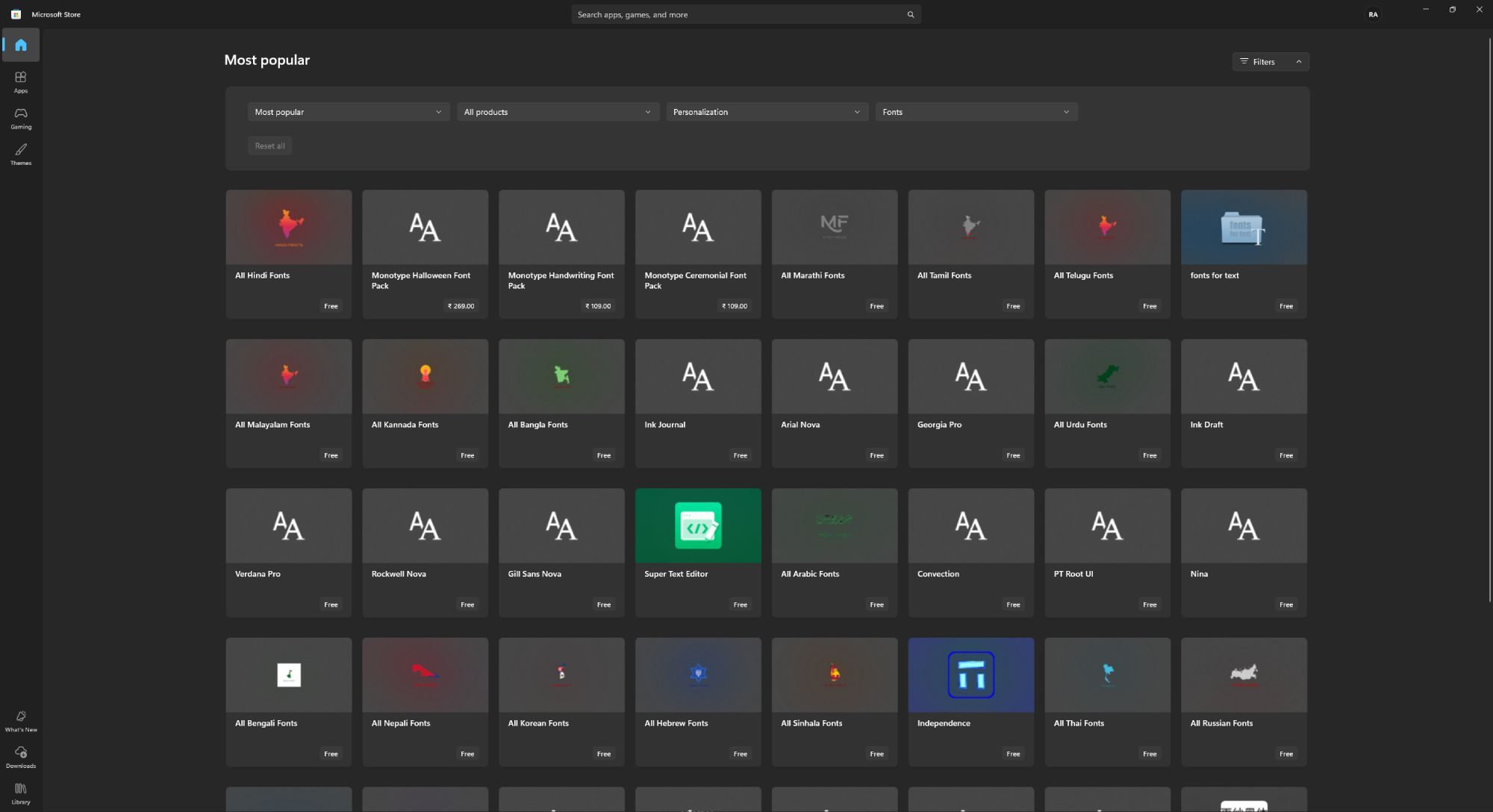 Screenshot of Microsoft Store showing available fonts.