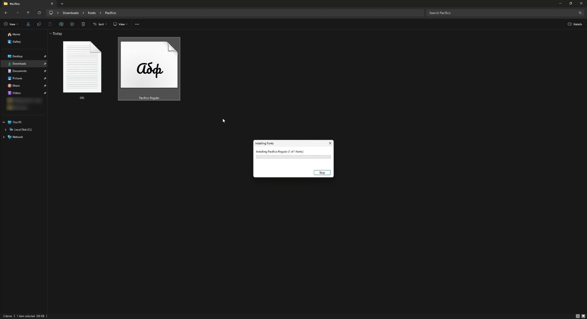 Screenshot of Windows 11 File Explorer showing a font being installed.