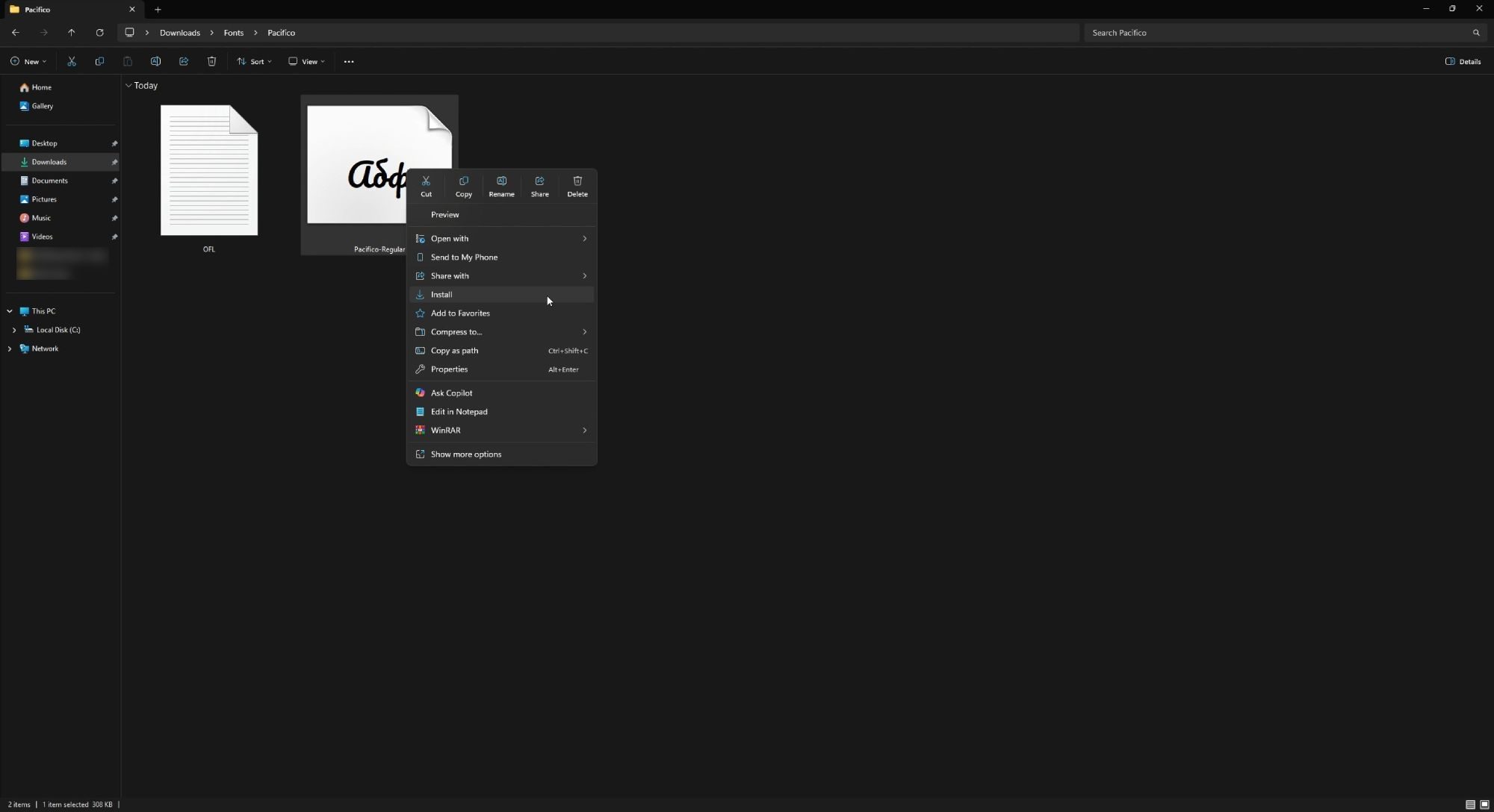 Screenshot of Windows 11 File Explorer showing a font file being installed from the right-click menu.