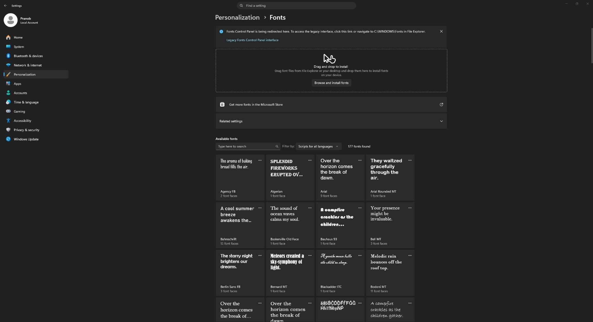 Screenshot of Windows 11 Settings app showing the Fonts option in the Personalization menu.