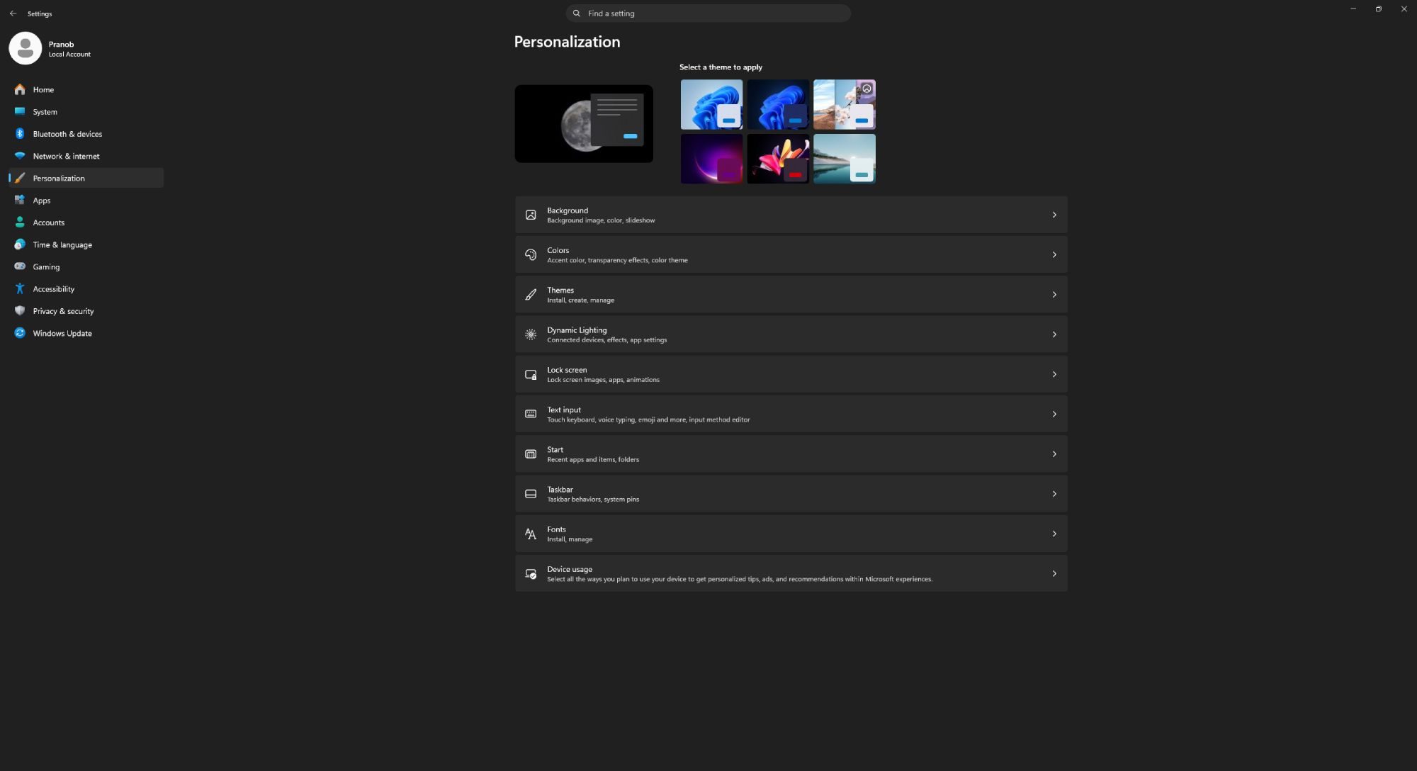 Screenshot of Windows 11 Settings app showing the Personalization options.