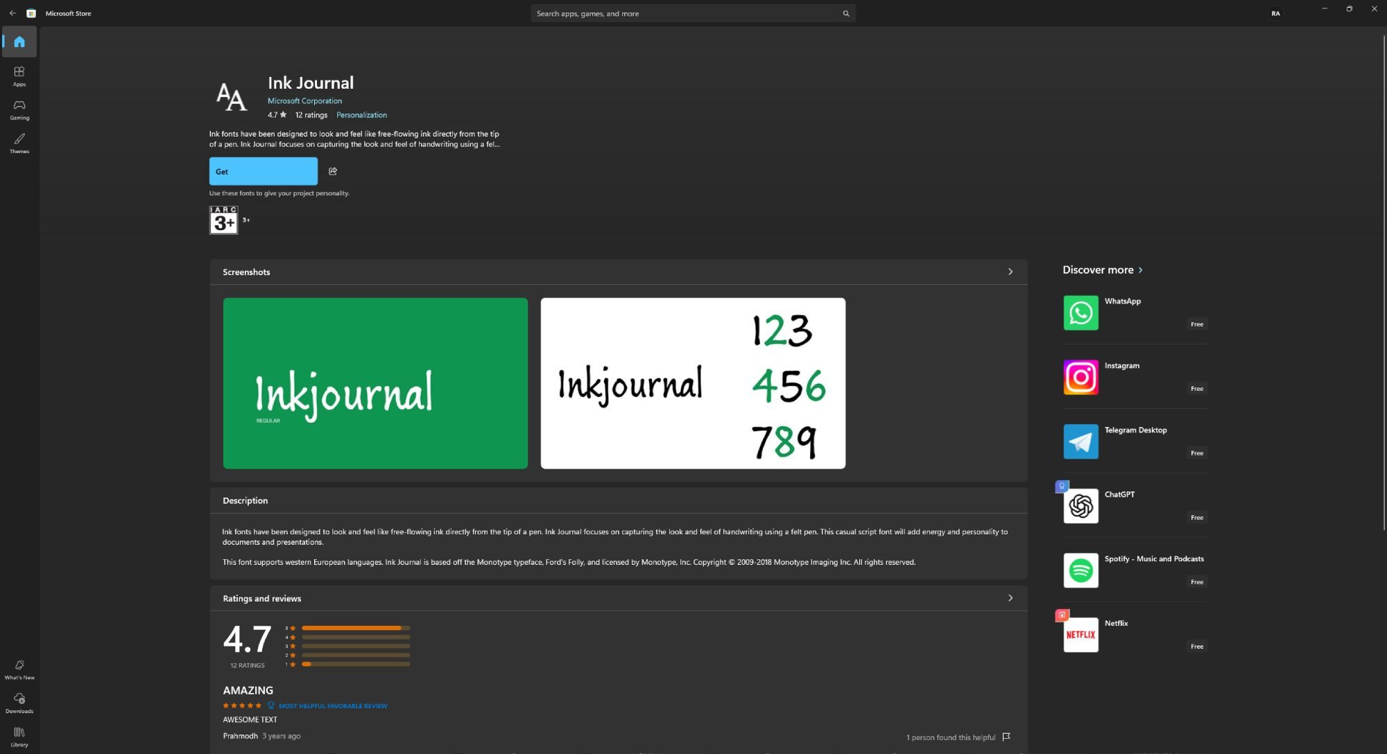 Screenshot of a font listing on the Microsoft Store.
