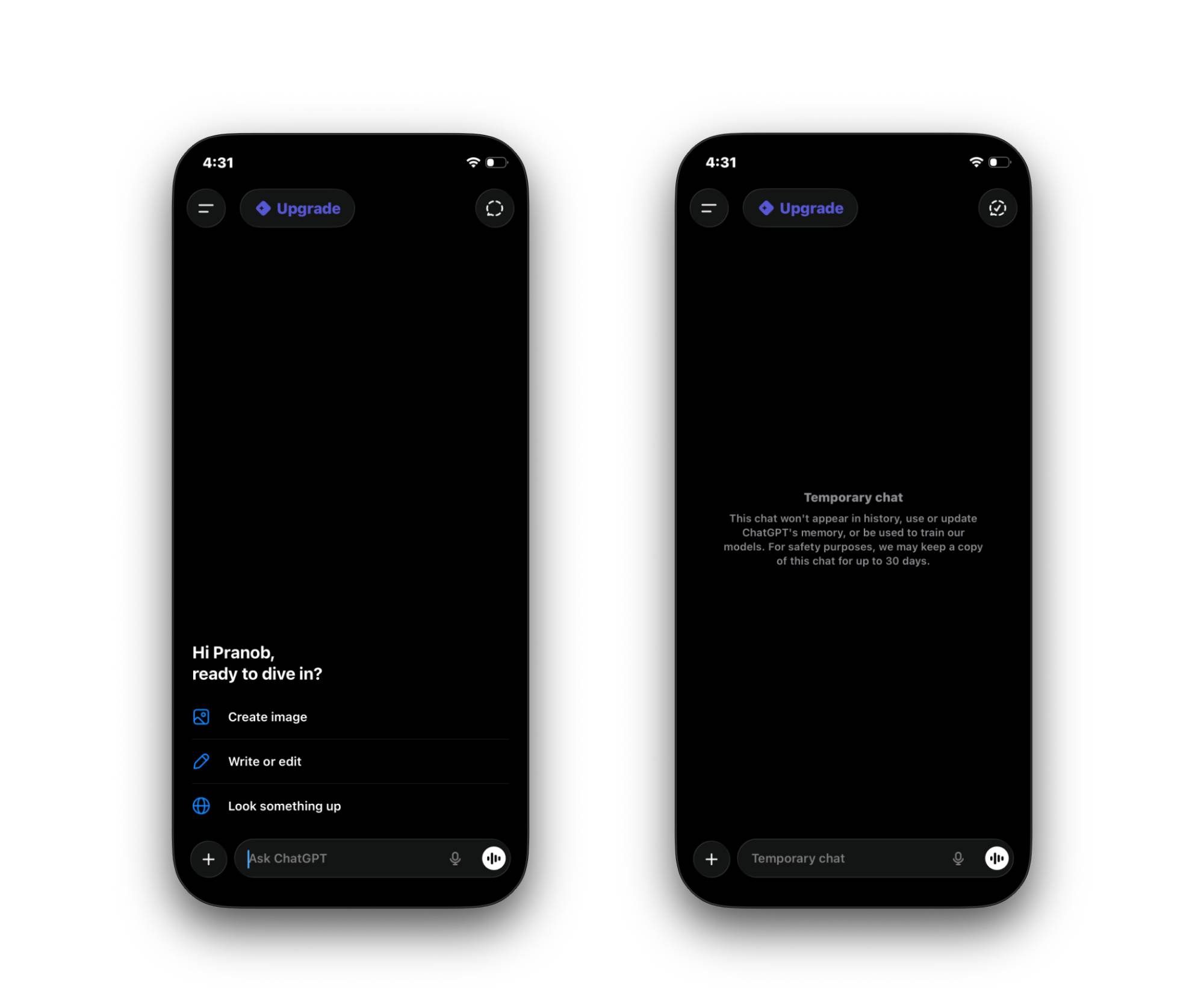 Screenshots of ChatGPT app on iPhone showing homescreen and temporary chat screen.
