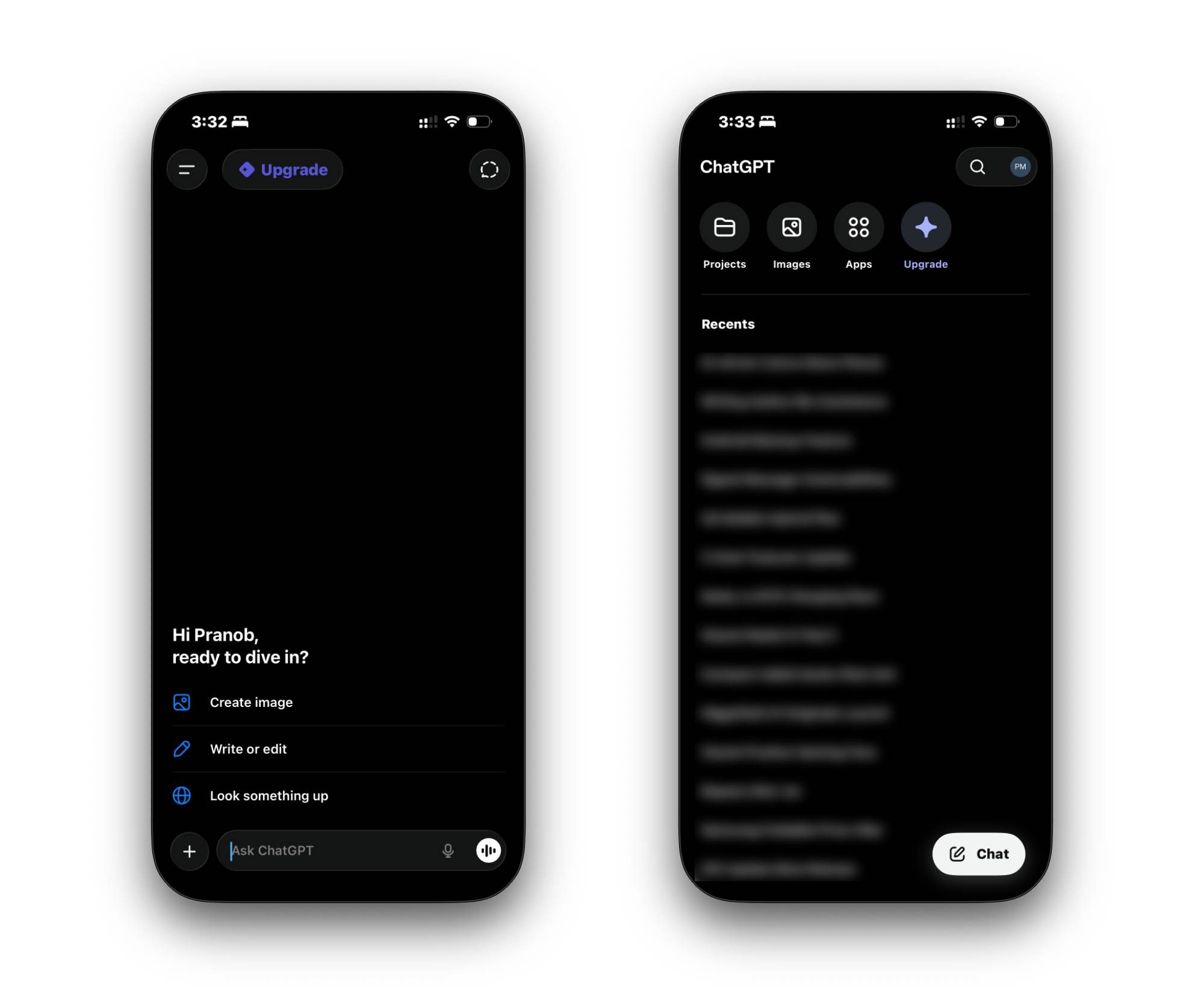 Screenshots of ChatGPT app on iPhone showing the homescreen and sidebar.