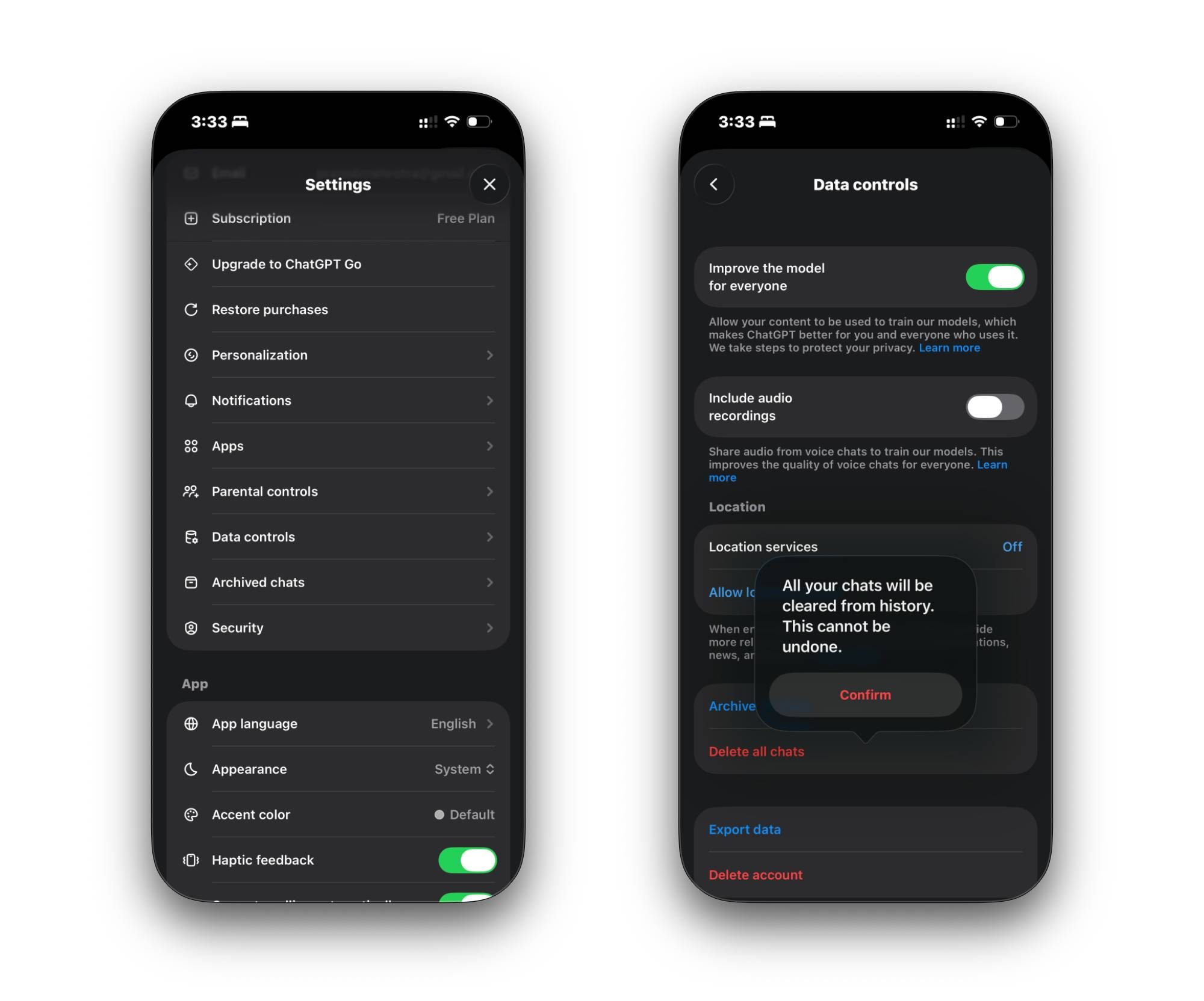 Screenshots of ChatGPT app on iPhone showing the settings and data controls menu with confirmation dialog.