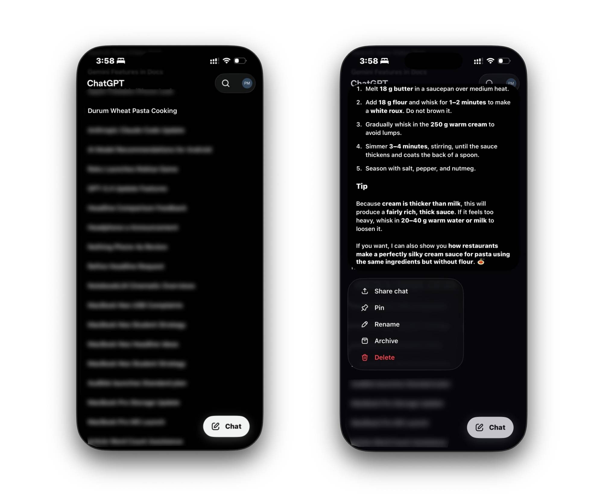 Screenshots of ChatGPT app on iPhone showing the sidebar and context menu for a chat.
