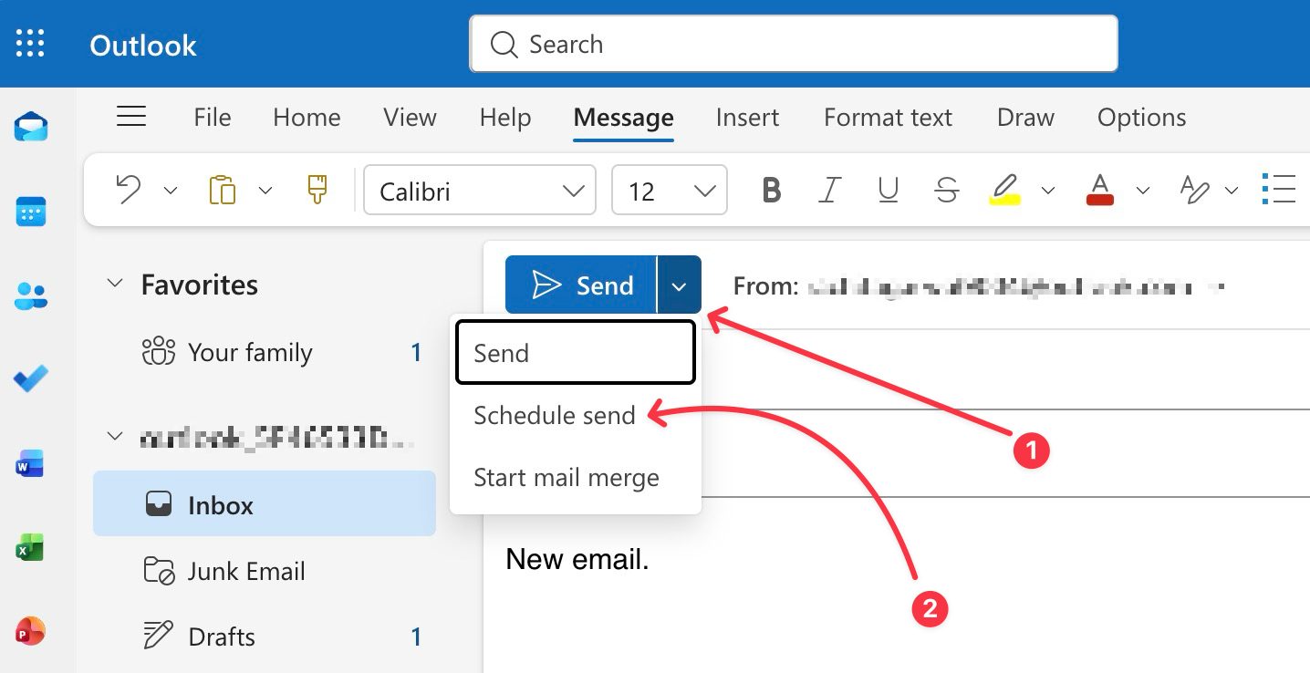 schedule send feature in dropdown arrow menu in Outlook