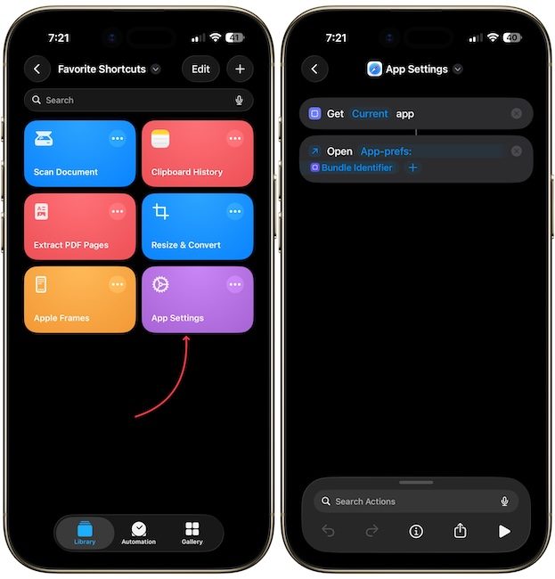 App settings shortcuts