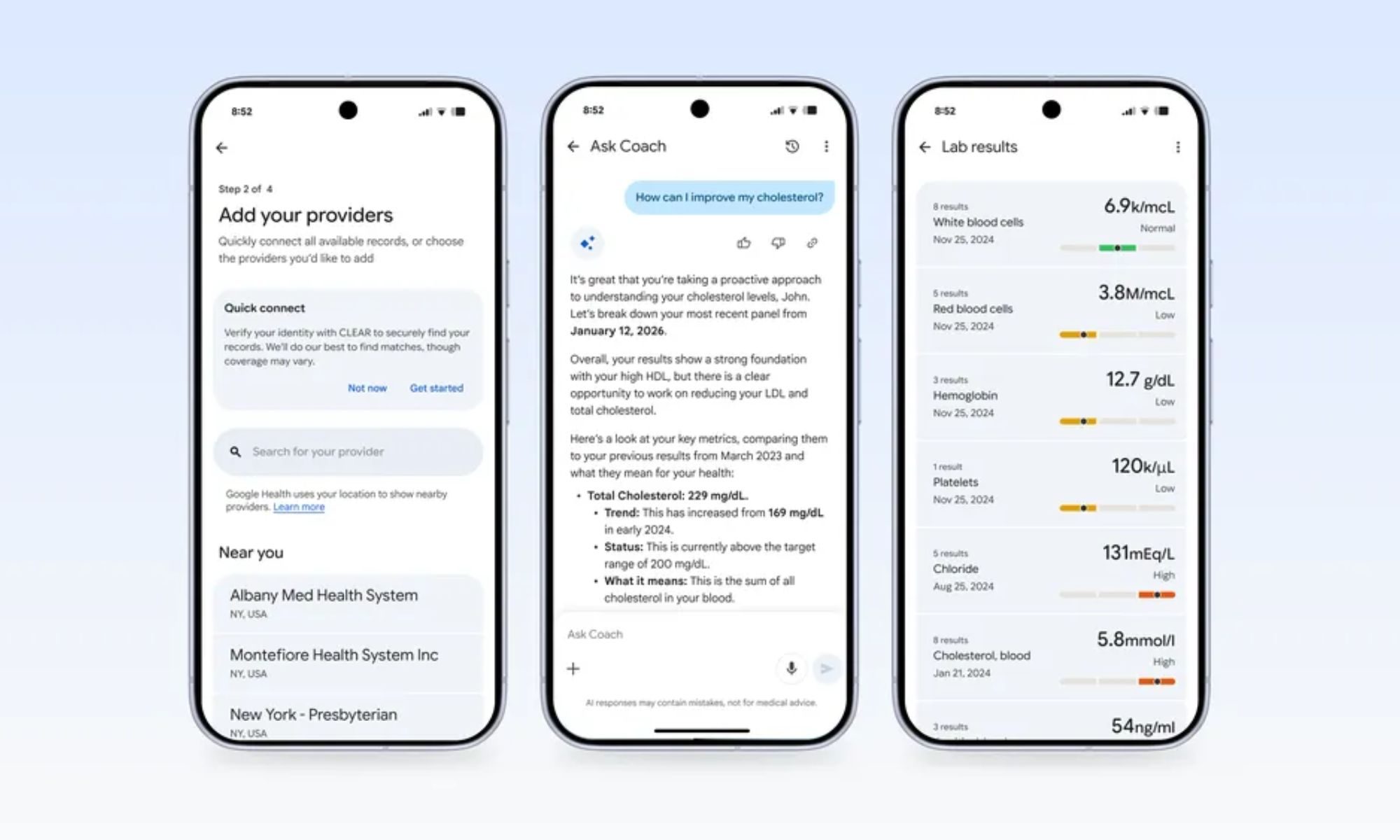 Google Health app medical record sync and analysis screenshots.