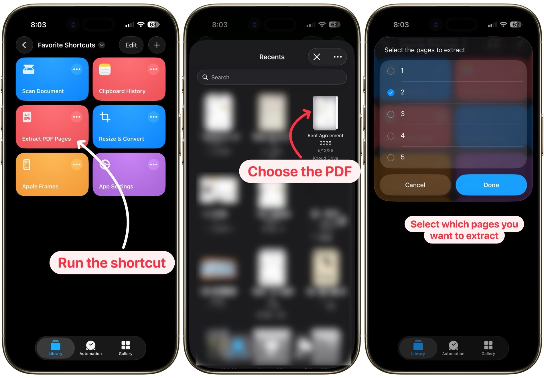 extract pdf shortcut on iPhone