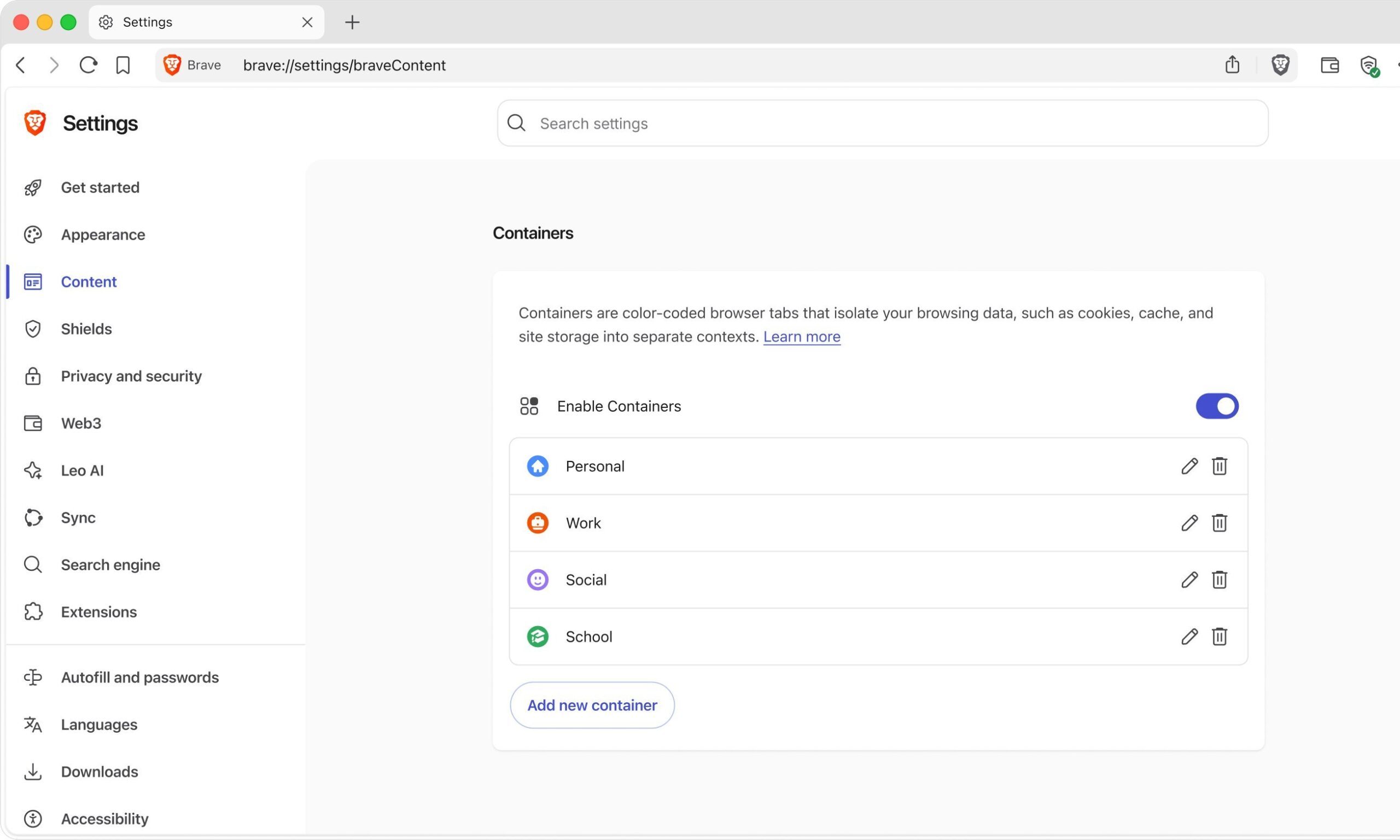 Brave browser containers feature